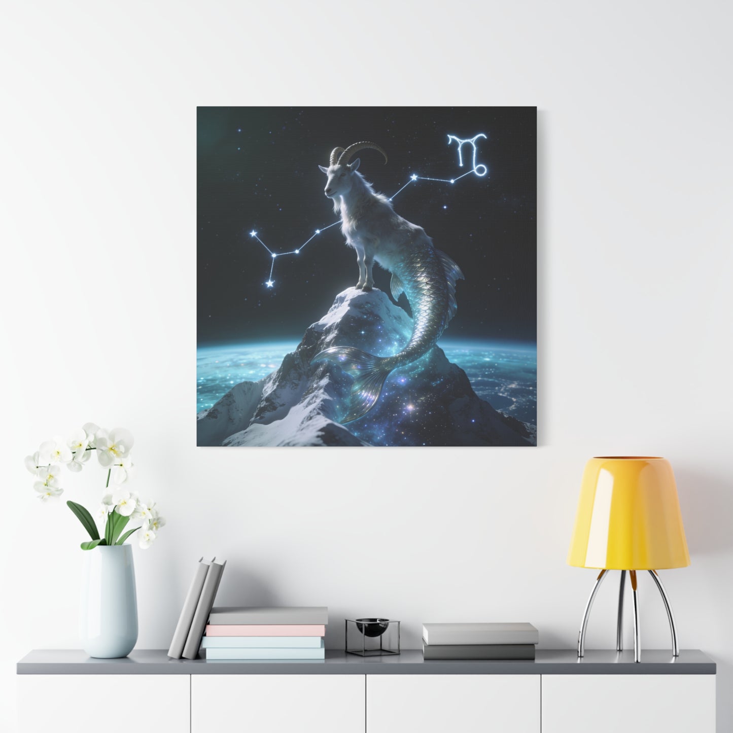 Capricorn Zodiac Canvas Wall Art - Celestial Sea Goat Constellation, Surreal Night Sky, Matte Canvas Print, Modern Fantasy Style, Bedroom Home Decoration, Office Wall Decor Accent - Ready to Hang