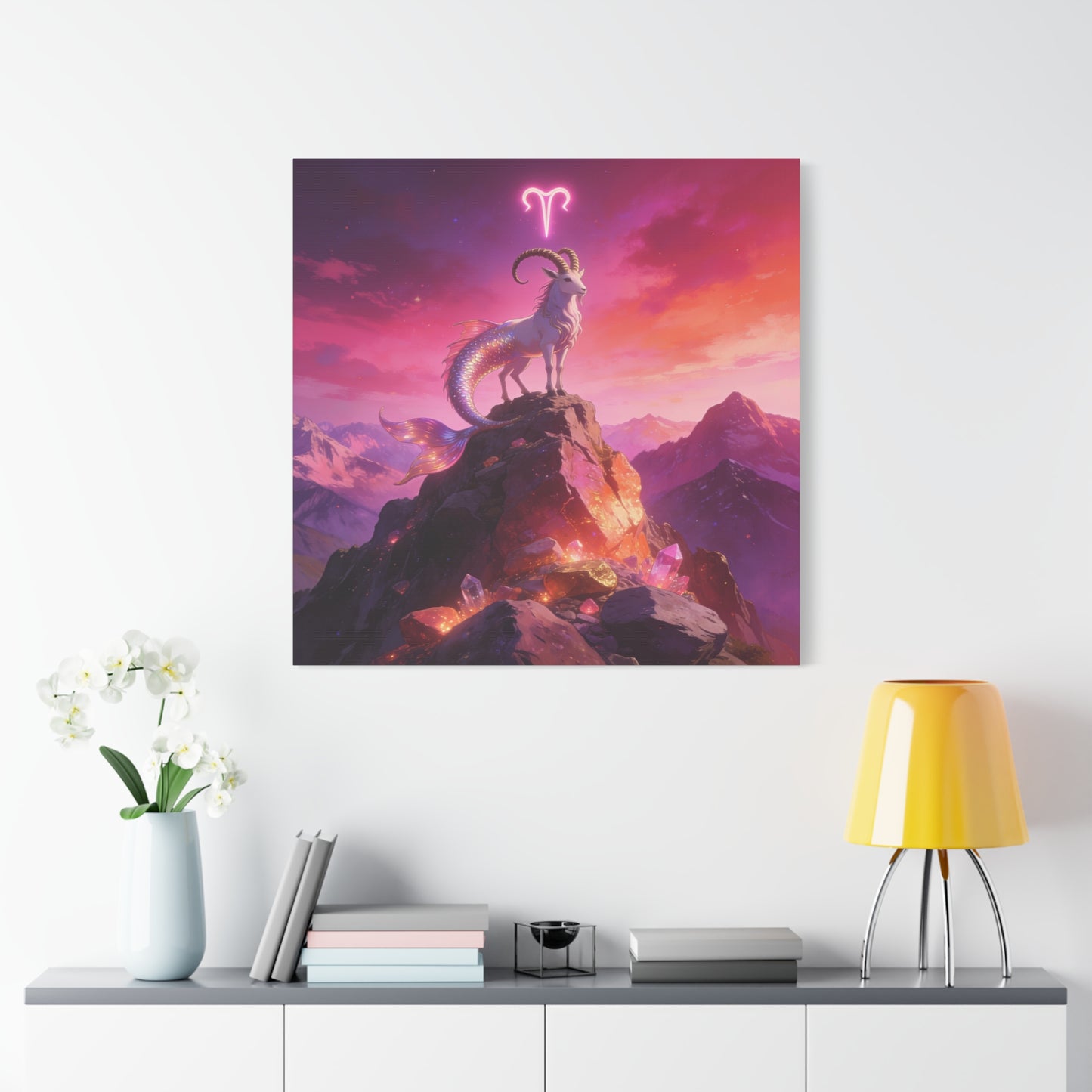 Aries Zodiac Mermaid Goat Canvas Wall Art - Fantasy Mountain Crystal Scene - Pink Purple Celestial Illustration - Modern Mystical Decor, Bedroom Home Decoration, Office Wall Art - Ready to Hang