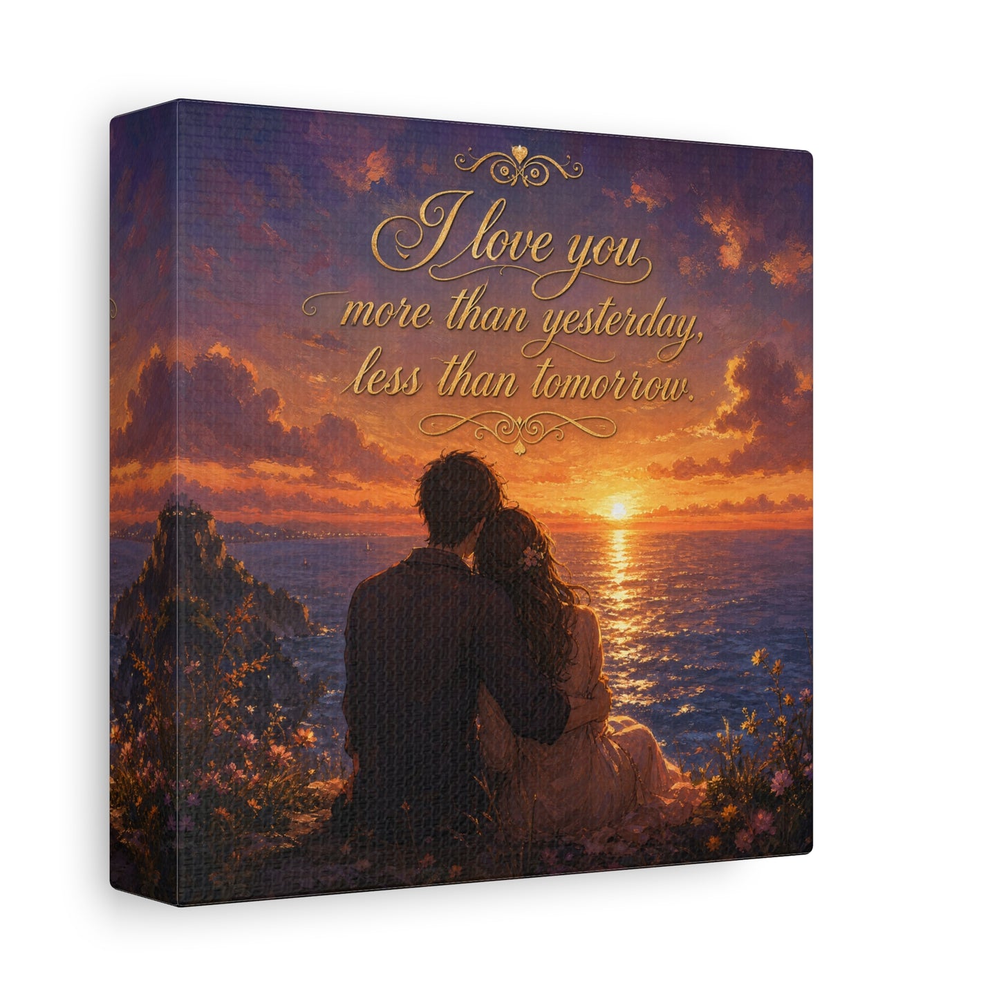 "I Love You More Than Yesterday, Less Than Tomorrow." Love Quote Canvas Wall Art - Romantic Sunset Ocean Couple Silhouette - Gold Script Seascape - Bedroom Wall Decor - Ready to Hang - Ready to Hang