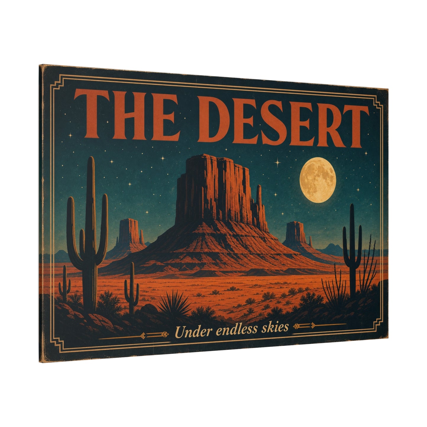 "THE DESERT" Canvas Wall Art - Moonlit Saguaro Desert Mesa Landscape, "Under endless skies" - Vintage Southwest Poster Style, Living Room Wall Decor, Bedroom Home Decoration - Bedroom Home Decoration