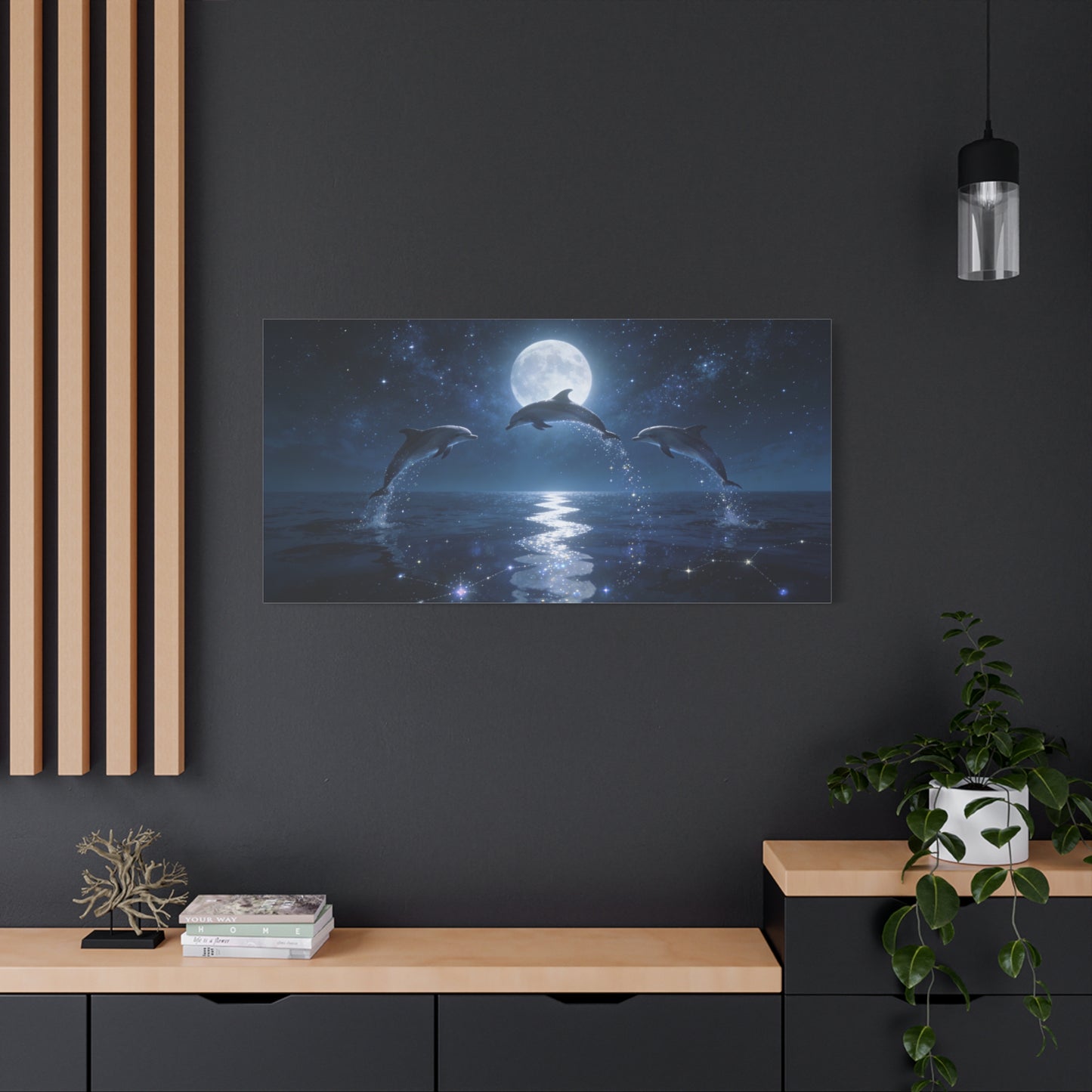 Moonlit Dolphin Canvas Wall Art - Starry Ocean Night Seascape Print - Celestial Blue Marine Decor, Matte Cotton Artwork - Bedroom Wall Decor, Living Room Home Decoration - Bedroom Home Decoration
