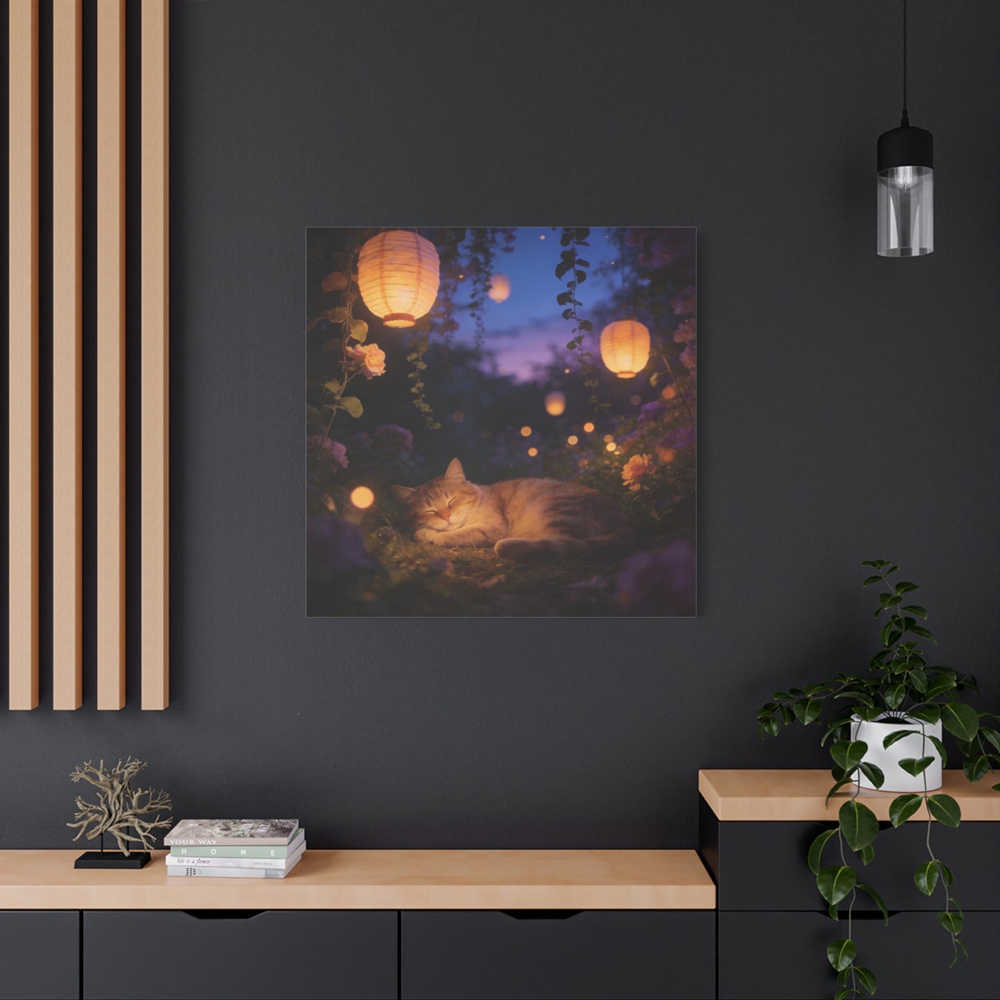 Sleeping Cat Canvas Wall Art - Lantern Lit Garden Night Scene, Dreamy Floral Canvas Print - Calming Cottagecore Style, Bedroom Wall Decor, Living Room Home Decoration - Bedroom Home Decoration
