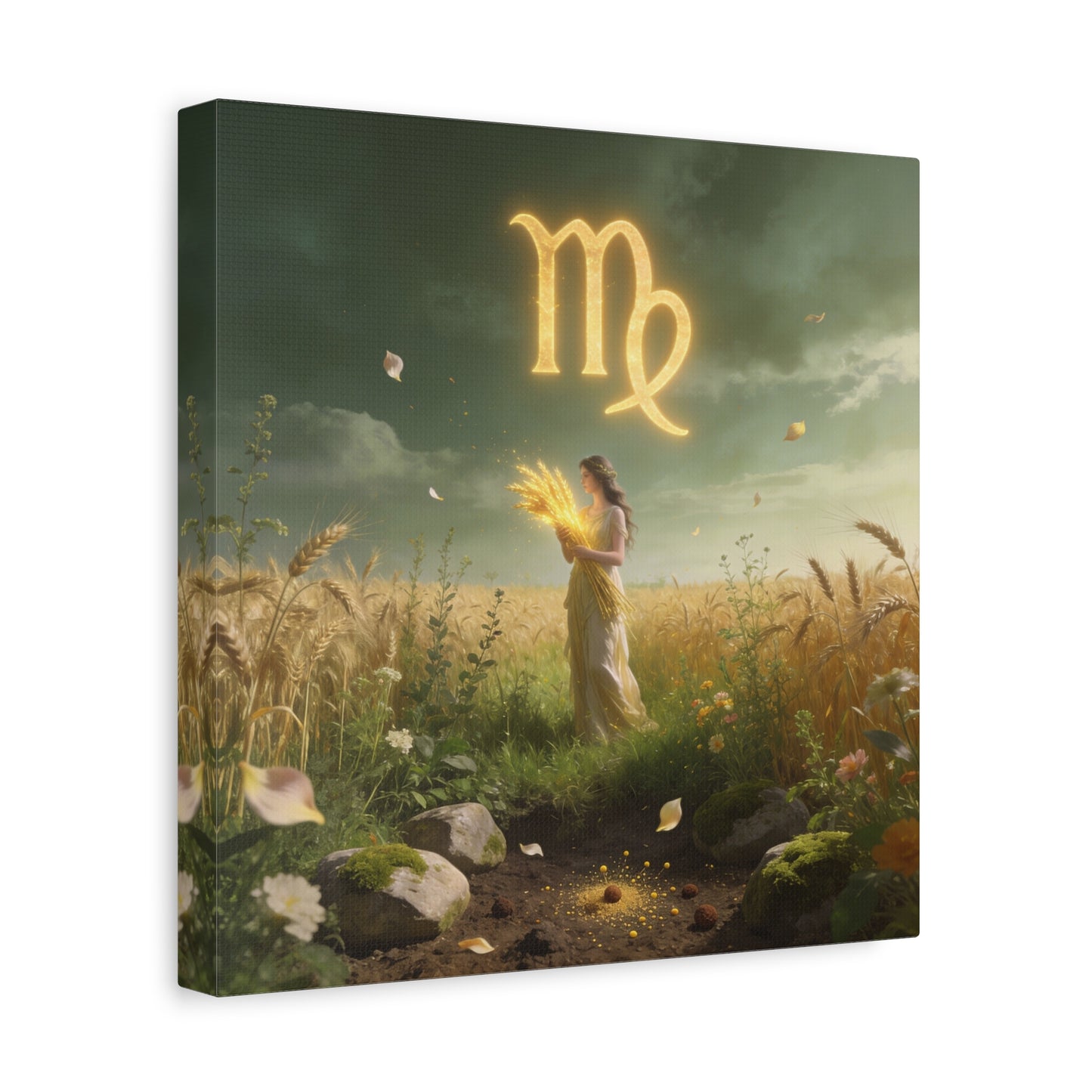 Virgo Zodiac Canvas Wall Art - Glowing Virgo Symbol, Woman In Wheat Field - Mystical Celestial Illustration, Matte Canvas Print - Bedroom Wall Decor, Meditation Space Accent - Bedroom Home Decoration