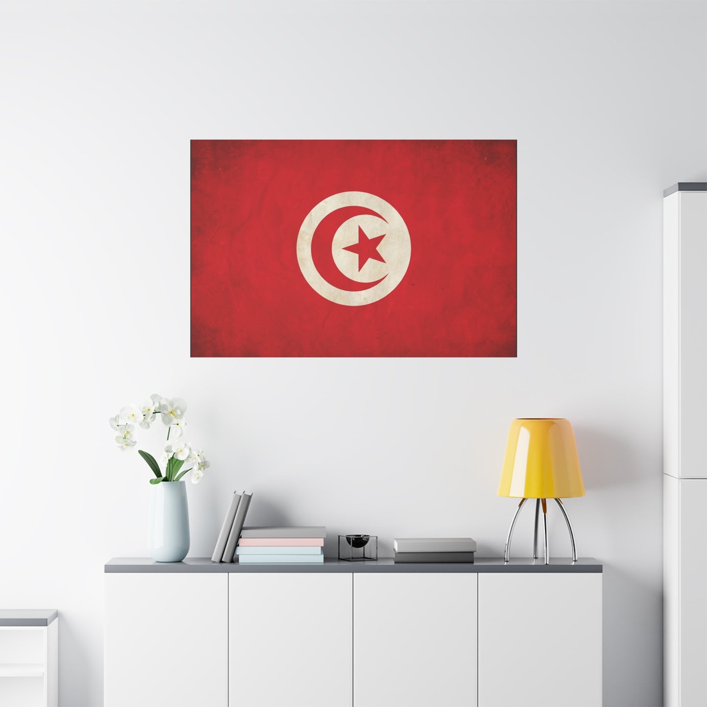 Tunisia Flag Canvas Wall Art - Vintage Red Crescent Star Print, Patriotic Country Decor - Matte Cotton Artwork - Living Room Wall Decor - Bedroom Home Decoration - Bedroom Home Decoration
