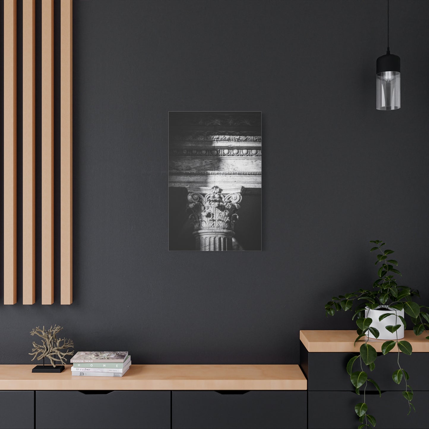 Black And White Corinthian Column Canvas Wall Art - Architectural Art Print, Dramatic Light And Shadow, Matte Cotton Decor - Minimalist Living Room Wall Decor, Office Art - Ready to Hang