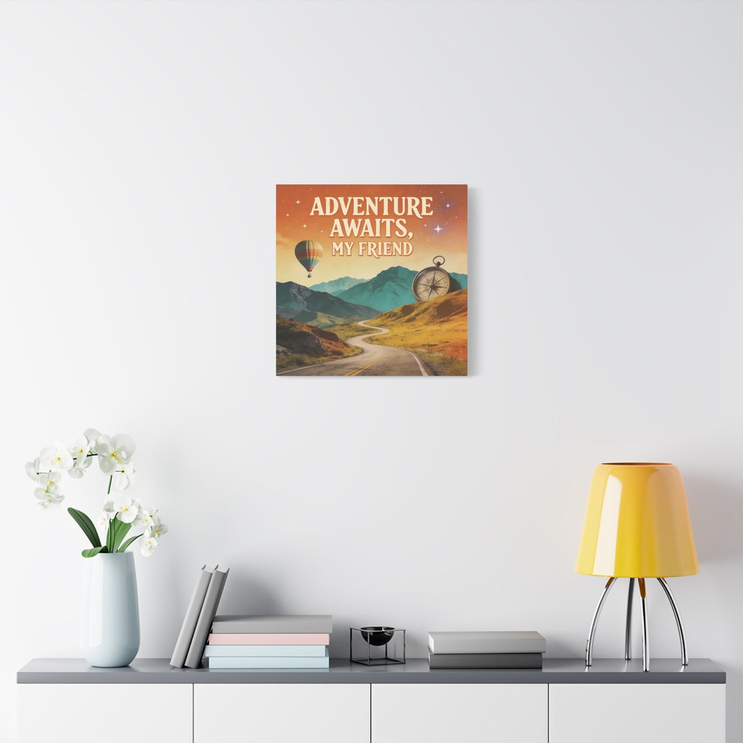 "Adventure Awaits, My Friend" Inspirational Canvas Art Print - Mountain Road, Hot Air Balloon, Compass - Vintage Travel Style, Office Decor, Workspace Accent, Lobby Display, Motivational Art