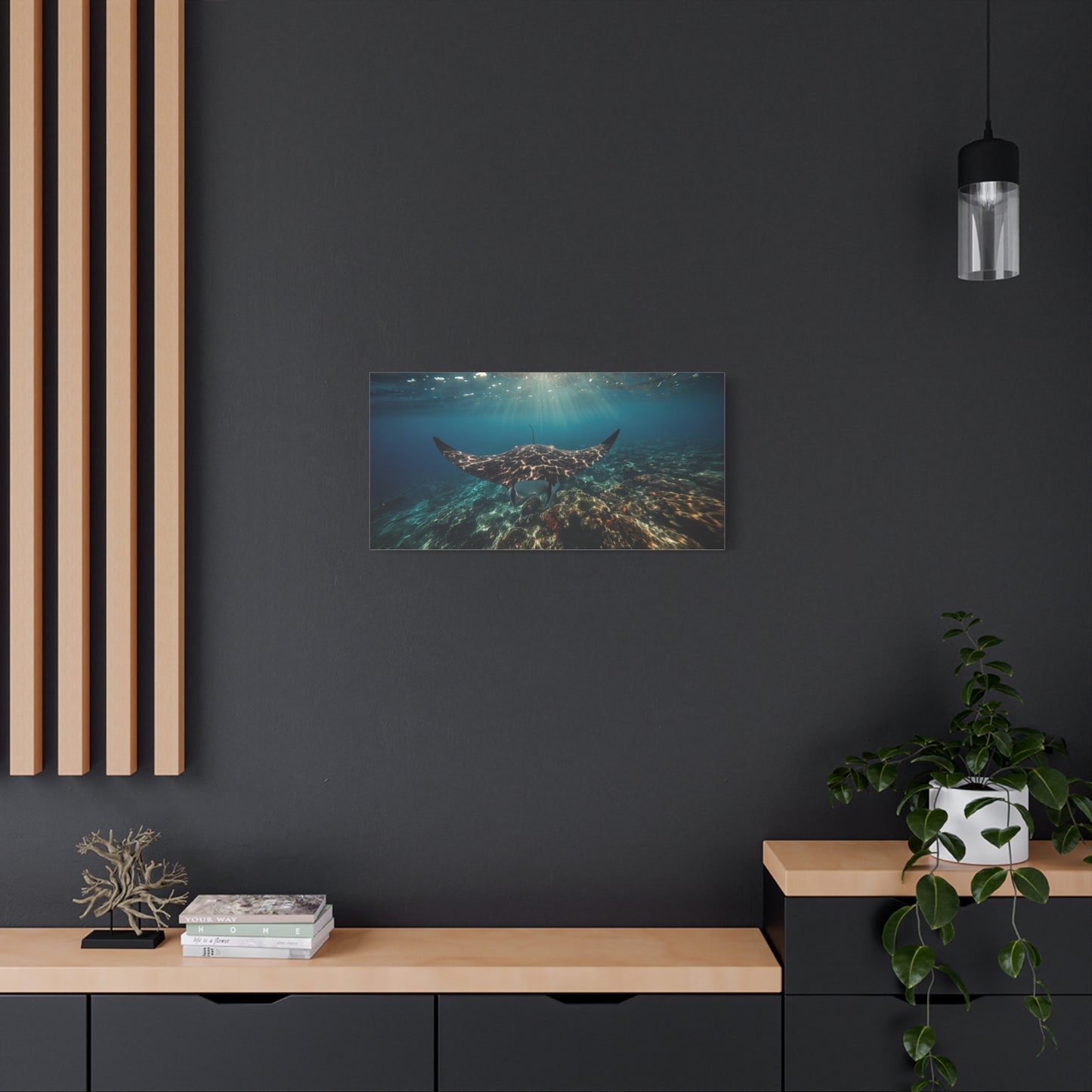 Manta Ray Canvas Wall Art - Underwater Ocean Art Print, Blue Coral Reef Seascape - Matte Cotton Canvas Print - Coastal Wall Decor, Living Room Home Decoration, Office Art - Bedroom Home Decoration