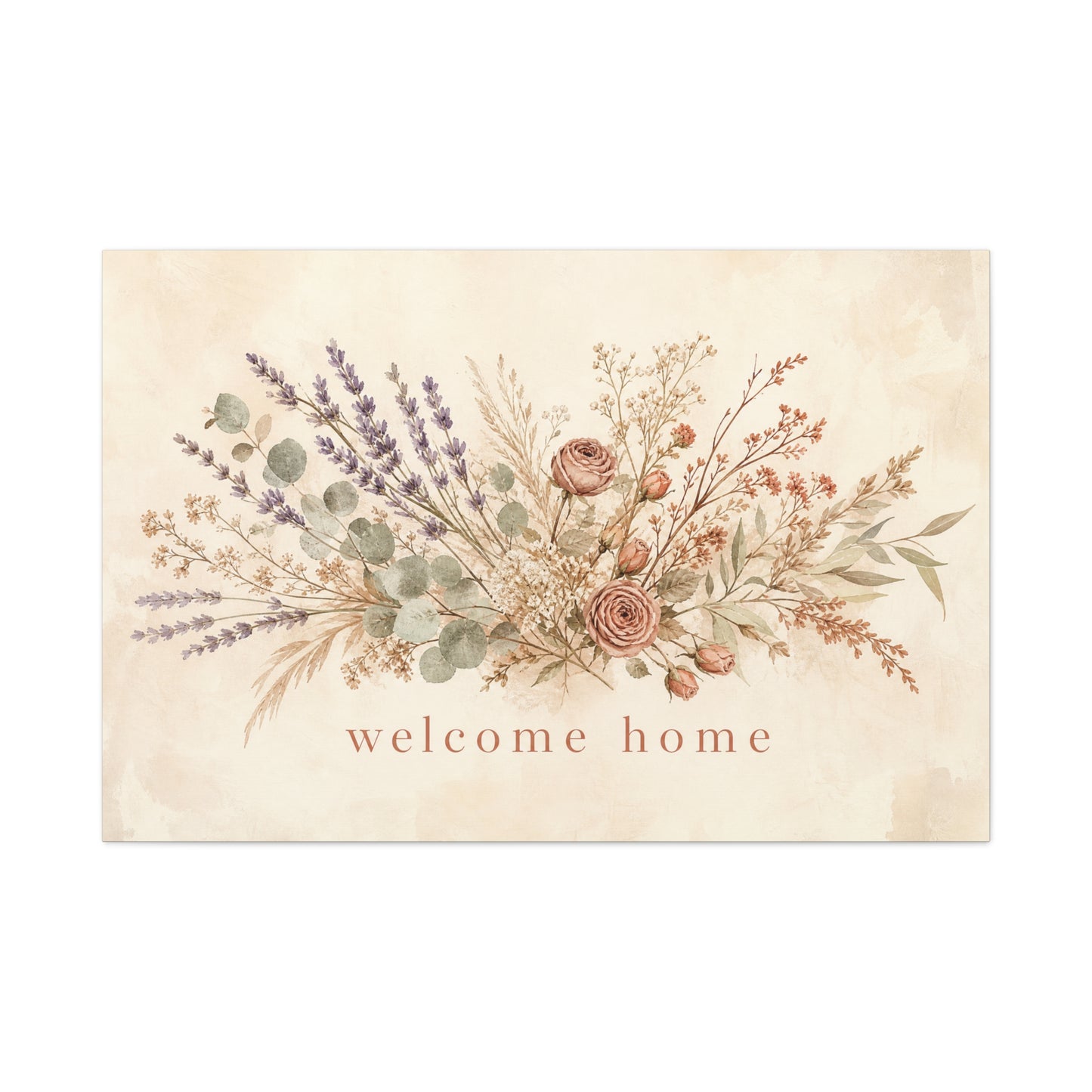 "Welcome Home" Floral Canvas Wall Art - Rustic Botanical Bouquet, Lavender Rose Eucalyptus Print - Farmhouse Wall Decor, Entryway Home Decoration - Ready to Hang - Modern Farmhouse Style