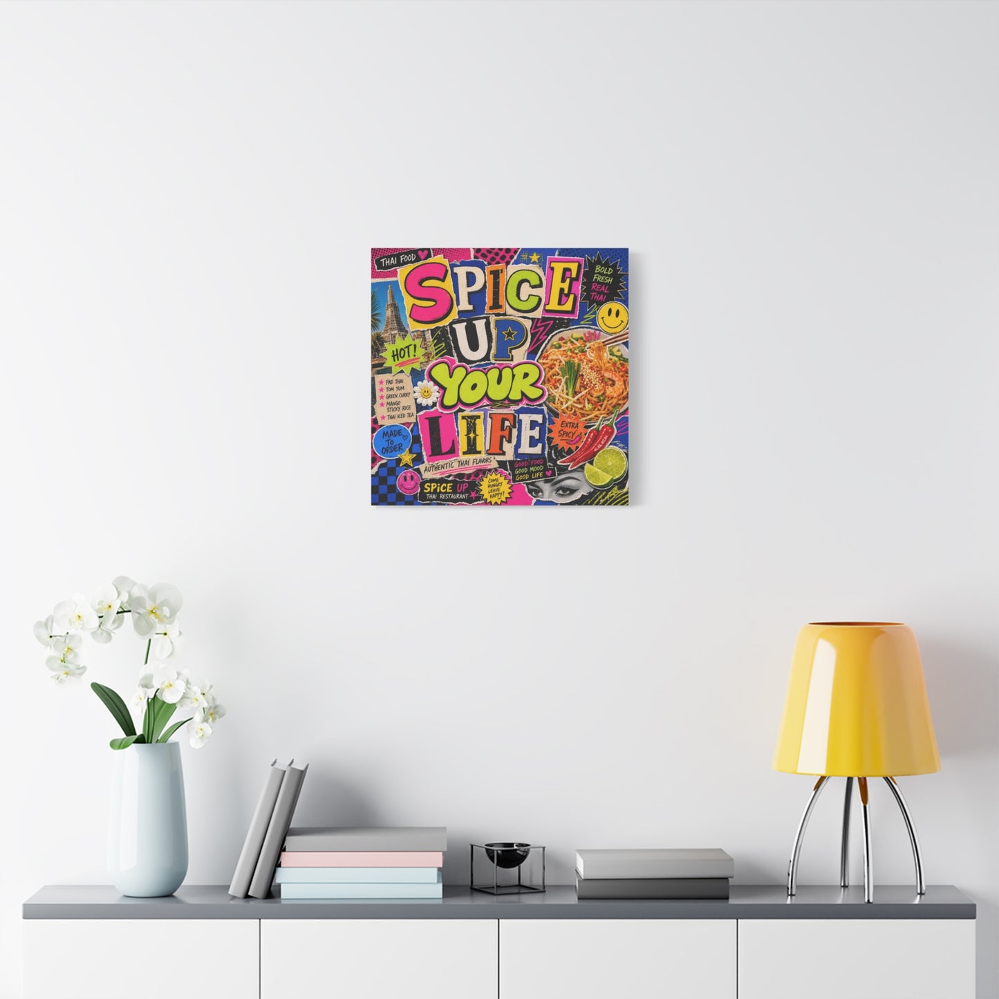 "Spice Up Your Life" Canvas Wall Art - Thai Food Pop Art Collage, Typography Print, Neon Color Street Poster Style, Cafe Decor, Dining Room Accent, Kitchen Wall Hanging, Contemporary - Ready to Hang