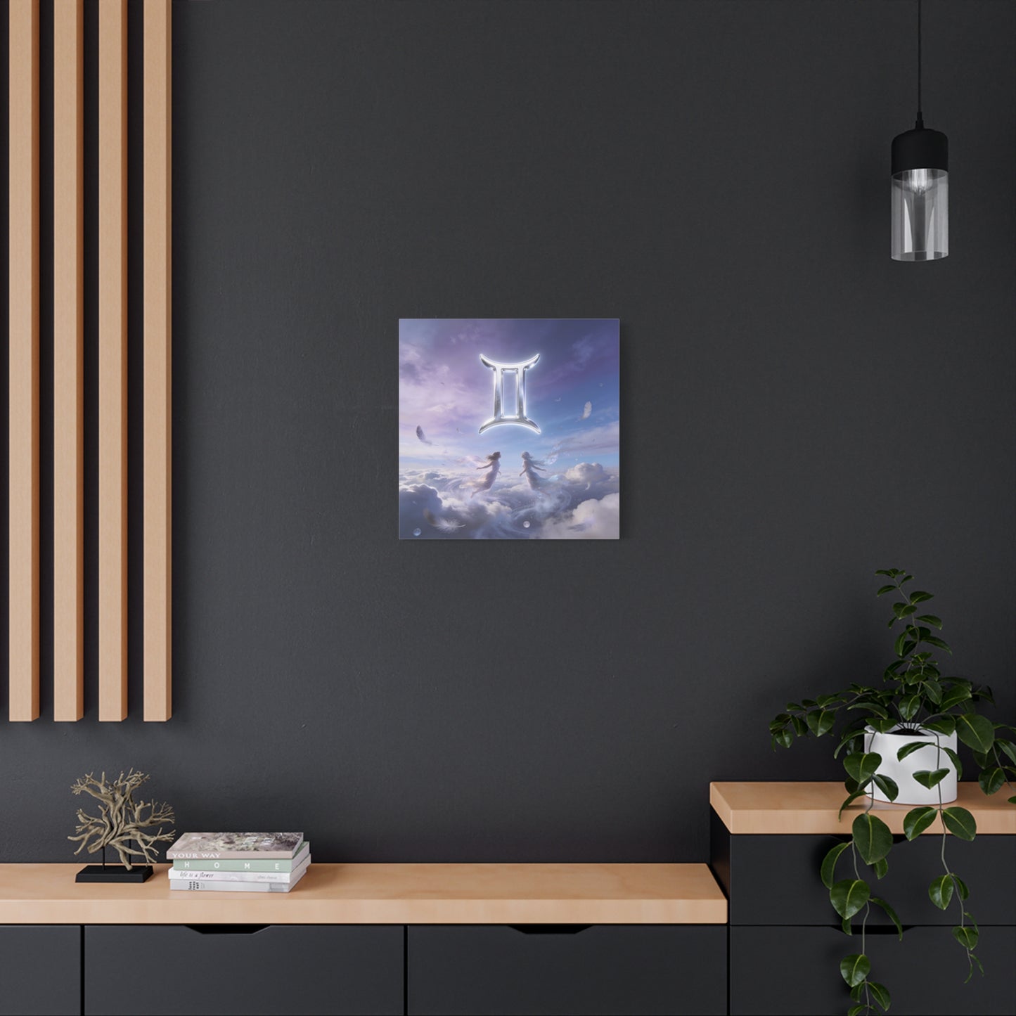 Gemini Zodiac Canvas Art Print - Glowing Twin Symbol, Ethereal Sky Illustration - Dreamy Celestial Typography Style - Cotton Canvas Decor For Bedroom, Living Space, Meditation Room - Office Wall Art