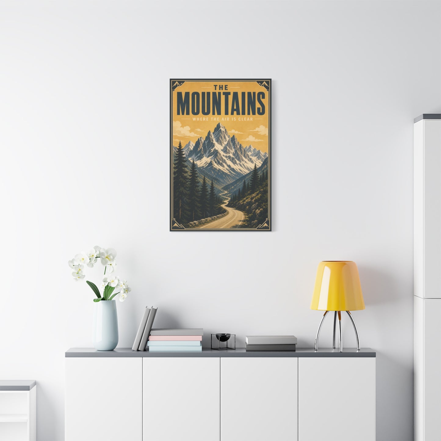 "The Mountains Where The Air Is Clear" Canvas Wall Art - Vintage Mountain Landscape Print, Golden Alpine Road Poster Style, Rustic Cabin Wall Decor - Ready to Hang - Bedroom Home Decoration