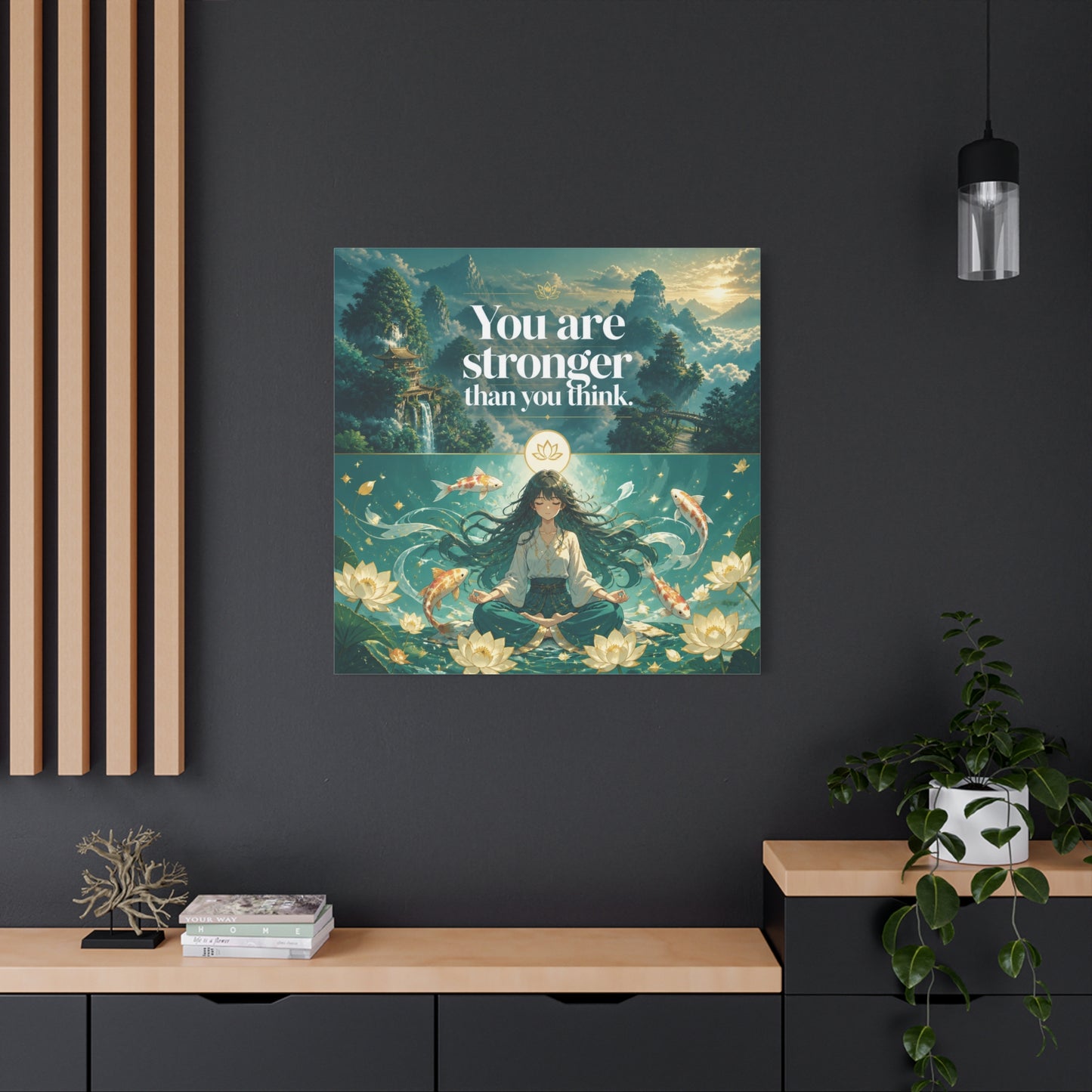 "You Are Stronger Than You Think." Inspirational Canvas Wall Art - Meditating Girl, Koi Fish, Lotus Lake - Zen Fantasy Landscape - Bedroom Wall Decor, Meditation Space, Jellyfish Room Decor