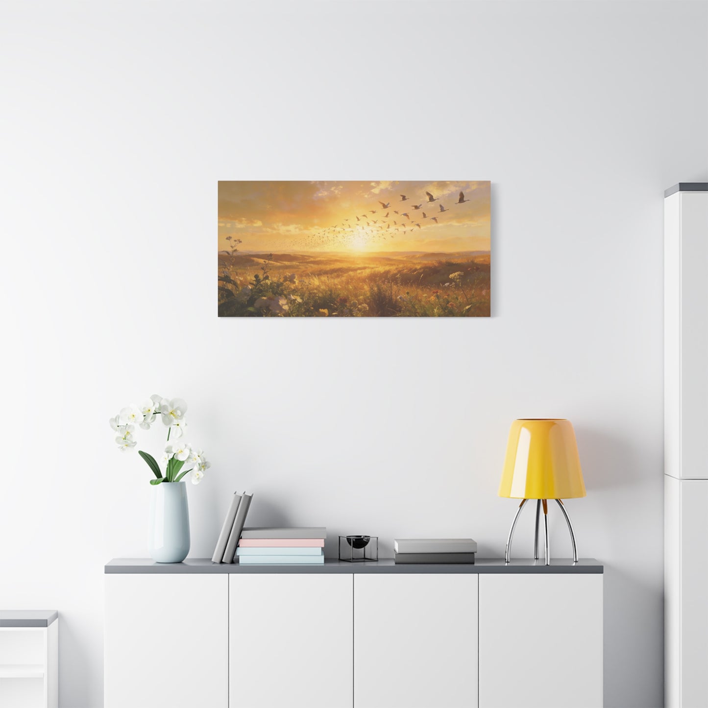 Golden Meadow Sunrise Canvas Wall Art - Flying Birds Over Wildflower Landscape, Lighted Patriotic Wall Hanging Banne Tone, Matte Finish Print - Rustic Living Room Decor - Bedroom Home Decoration