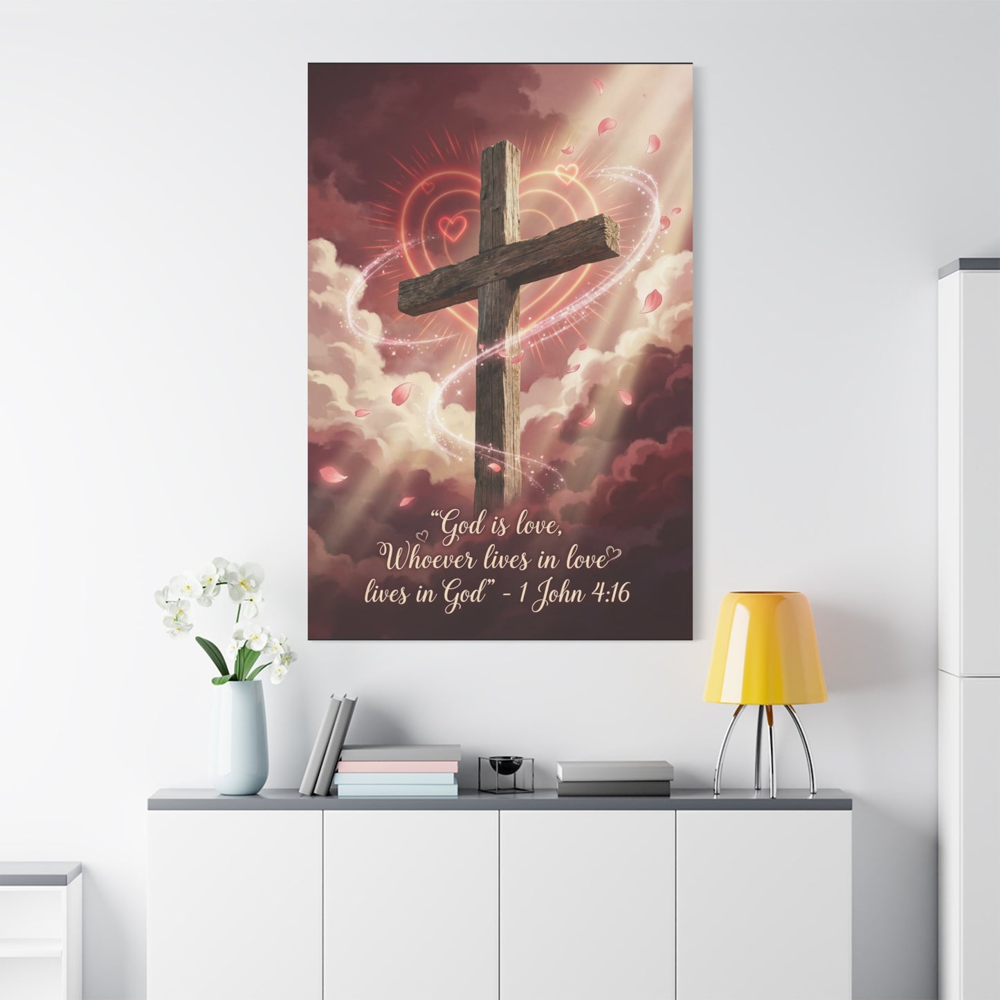 "God Is Love, Whoever Lives In Love Lives In God" Cross Canvas Wall Art - 1 John 4:16 Scripture Print, Romantic Christian Decor, Traditional Bedroom Wall Decor - Bedroom Home Decoration