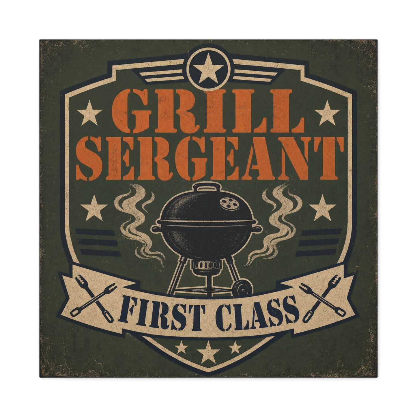 "Grill Sergeant First Class" BBQ Canvas Wall Art - Vintage Grill Badge Sign, Rustic Patriotic Kitchen Decor, Retro Barbecue Poster Style, Man Cave Wall Decor - Ready to Hang - Bedroom Home Decoration