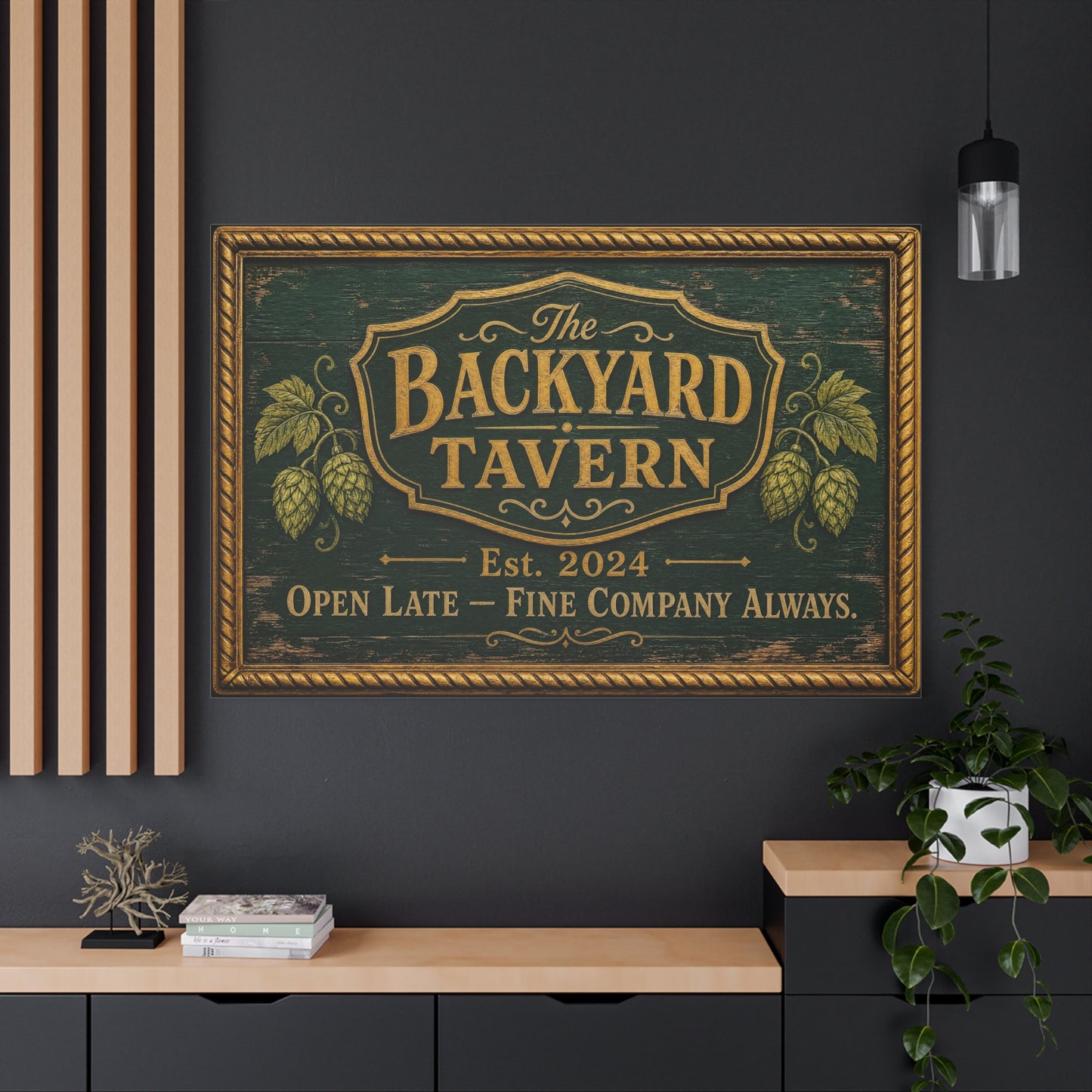 "The Backyard Tavern" Canvas Wall Art - Vintage Pub Sign, Rustic Typography Decor - Green And Gold Tavern Style Print, Bar Room Wall Decor - Ready to Hang - Ready to Hang - Speakeasy Style Sign