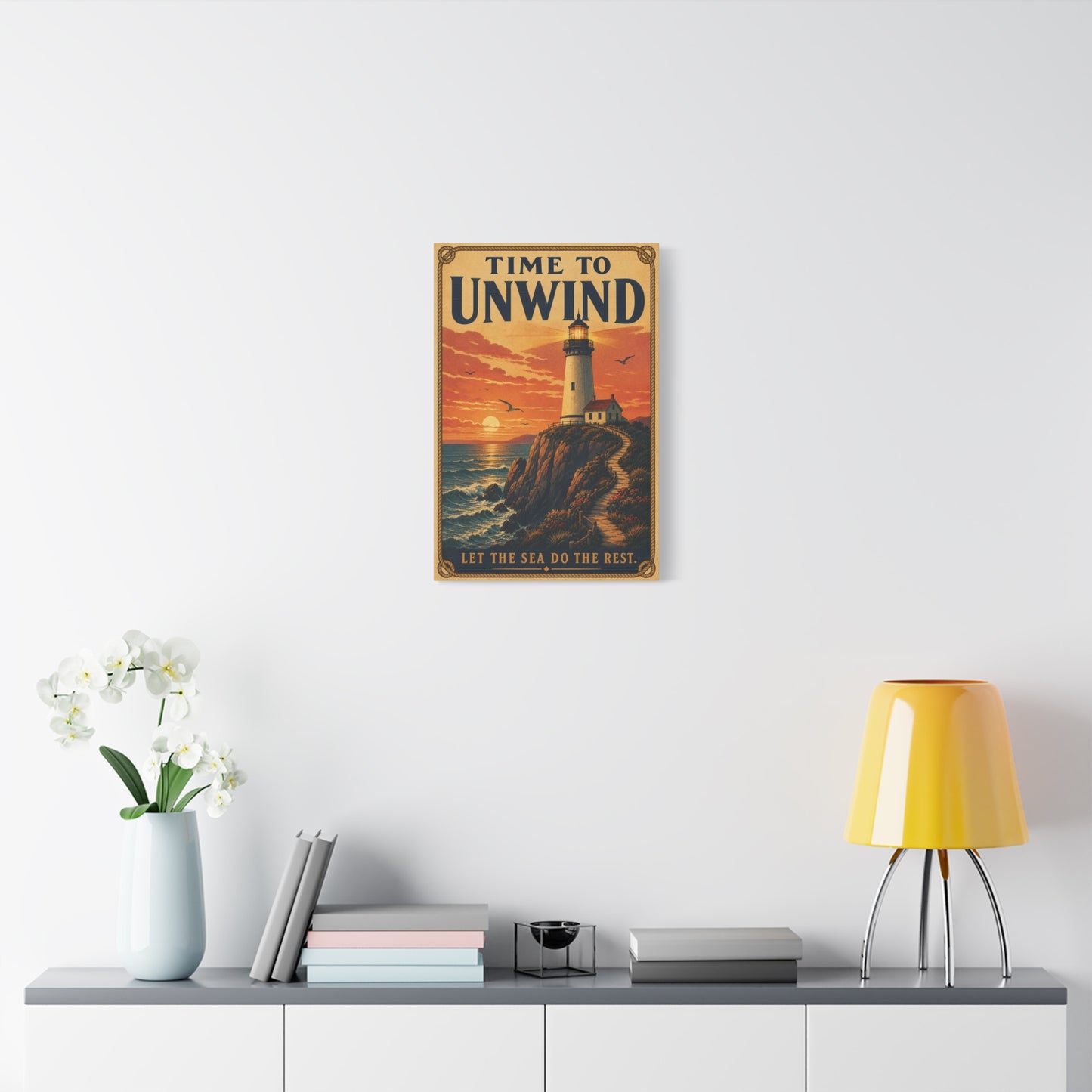 "Time To Unwind Let The Sea Do The Rest" Lighthouse Canvas Wall Art - Vintage Coastal Sunset Seascape Print, Nautical Home Decor, Bedroom Living Room Decoration, Beach House Style - Office Wall Art