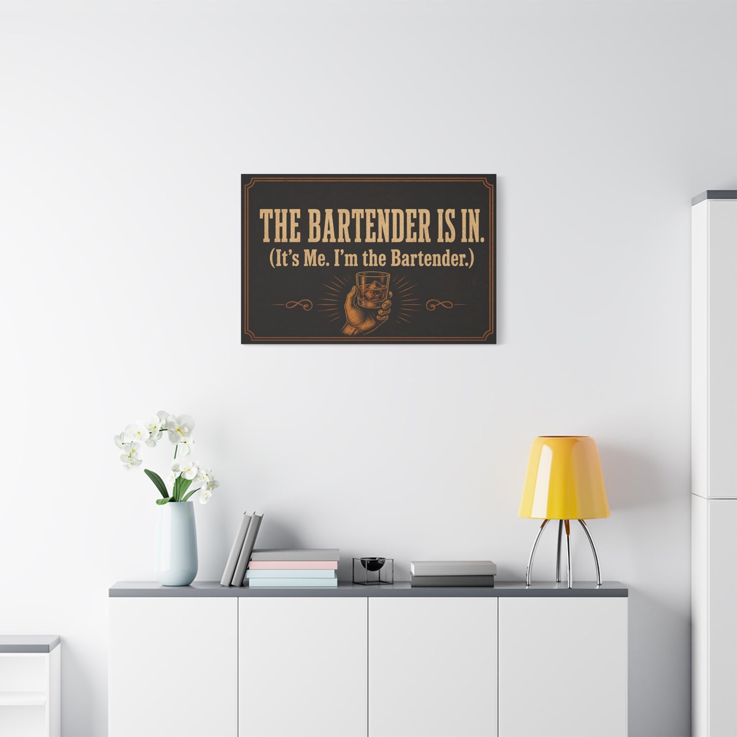 "The Bartender Is In. (It's Me. I'm the Bartender.)" Canvas Wall Art - Vintage Bar Quote Decor, Rustic Typography Print, Speakeasy Style Wall Hanging, Lounge, Home Bar - Ready to Hang - HP Latex Print