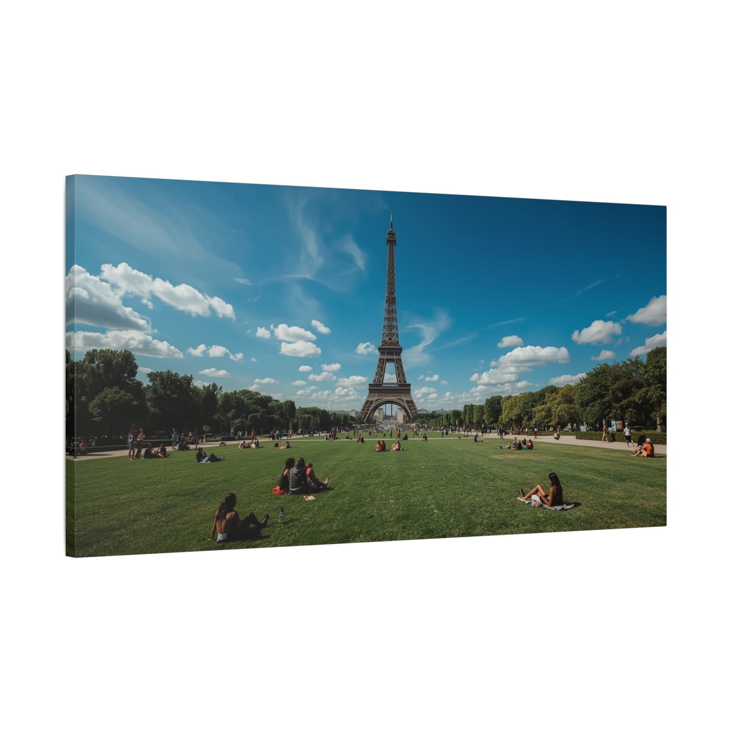 Eiffel Tower Canvas Wall Art Paris Landmark Art Print - Blue Sky, Green Lawn, Travel Cityscape Decor - Matte Cotton Artwork - Living Room Wall Decor, Office Art Accent - Bedroom Home Decoration