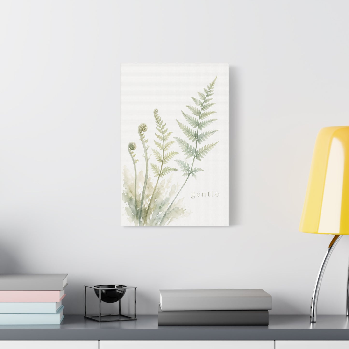 "Gentle" Fern Botanical Canvas Wall Art - Watercolor Green Leaf Print, Minimalist Nature Decor - Calming Bedroom Wall Decor, Bathroom Decoration, Spa Style Home Accent - Bedroom Home Decoration