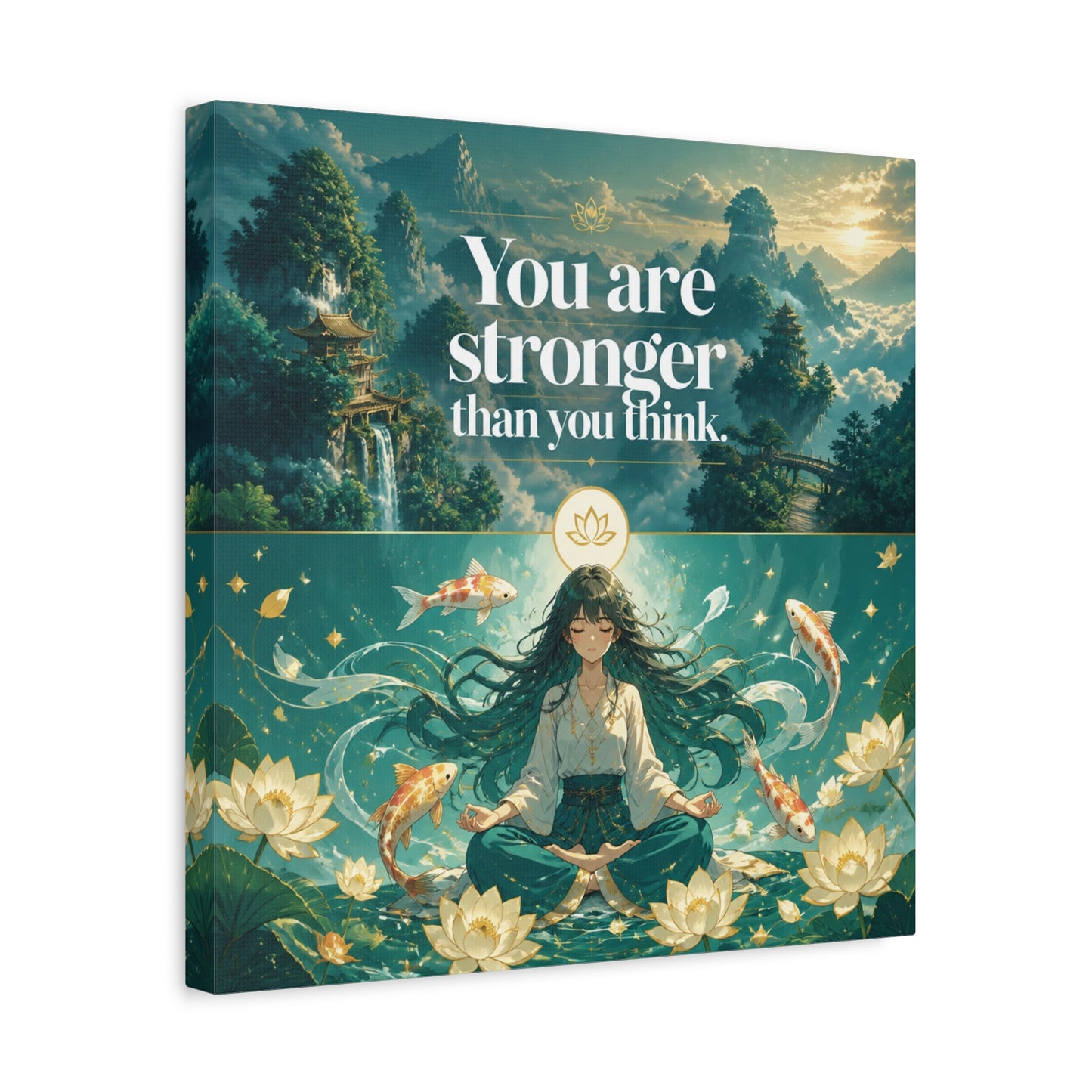 "You Are Stronger Than You Think." Inspirational Canvas Wall Art - Meditating Girl, Koi Fish, Lotus Lake - Zen Fantasy Landscape - Bedroom Wall Decor, Meditation Space, Jellyfish Room Decor