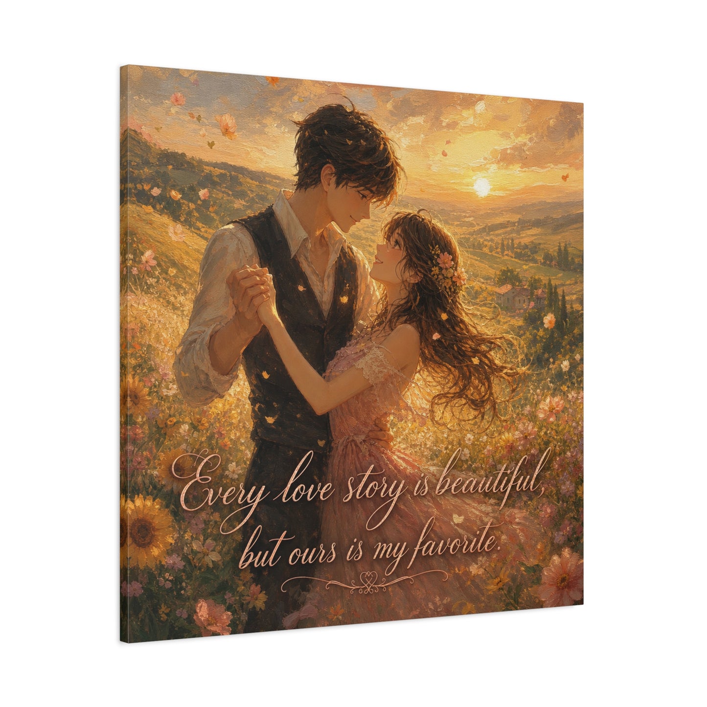 "Every Love Story Is Beautiful, But Ours Is My Favorite" Romantic Couple Canvas Wall Art - Golden Sunset Wildflower Field - Dreamy Rustic Style - Bedroom Wall Decor - Ready to Hang - Ready to Hang