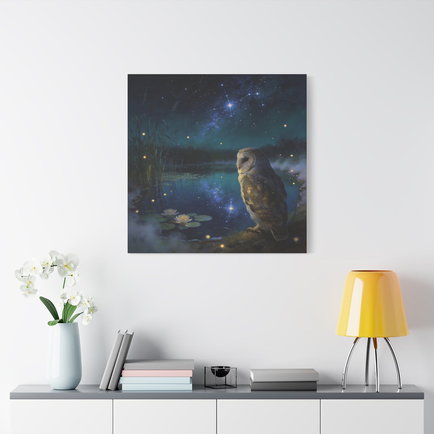 Barn Owl Canvas Wall Art - Moonlit Pond, Fireflies, Water Lilies, Starry Night Sky - Dreamy Wildlife Painting - Matte Finish Canvas Print - Bedroom Wall Decor, Nursery Accent - Bedroom Home Decoration