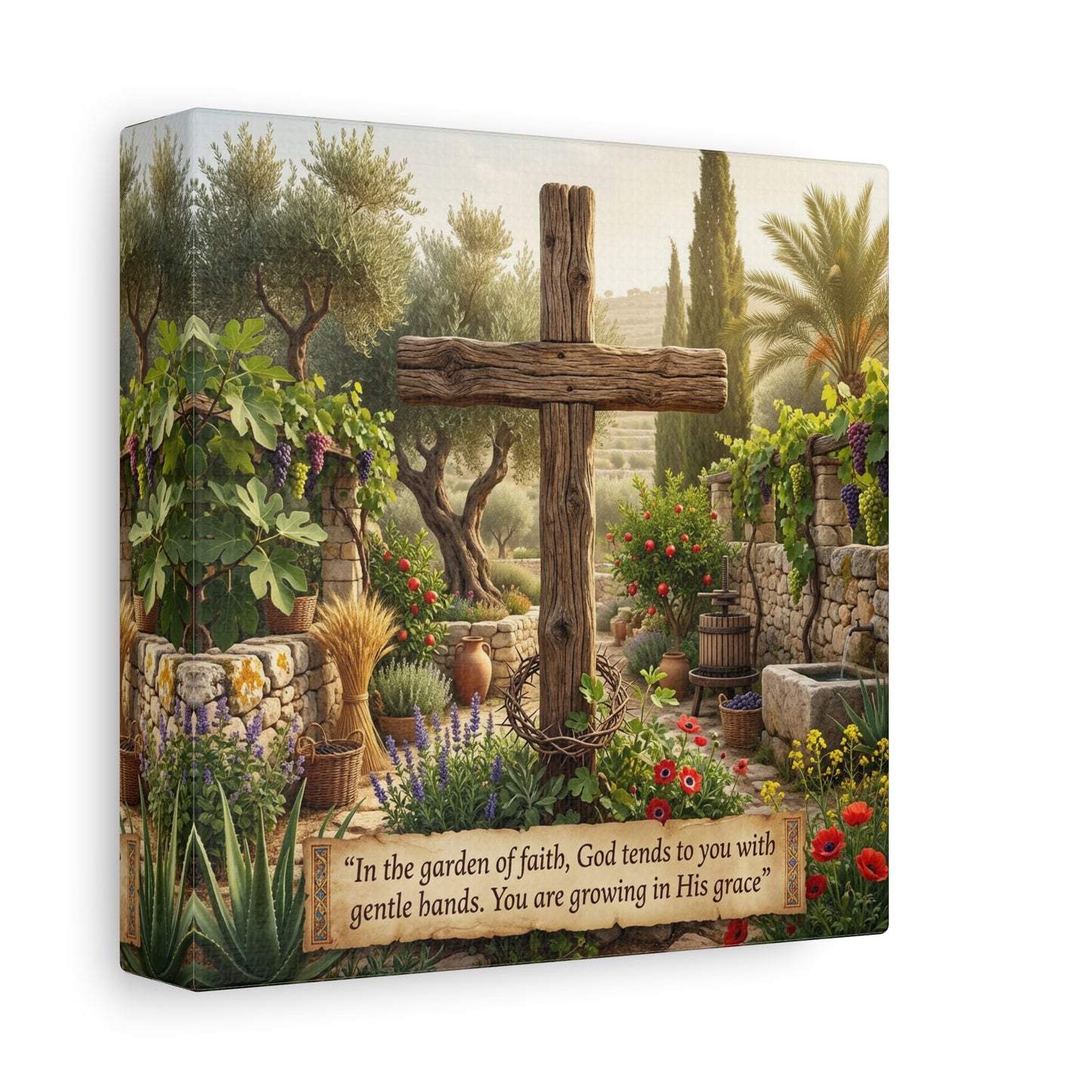 "In The Garden Of Faith, God Tends To You With Gentle Hands. You Are Growing In His Grace" Canvas Wall Art - Rustic Wooden Cross, Christian Garden Scene - Living Room Wall Decor - Ready to Hang