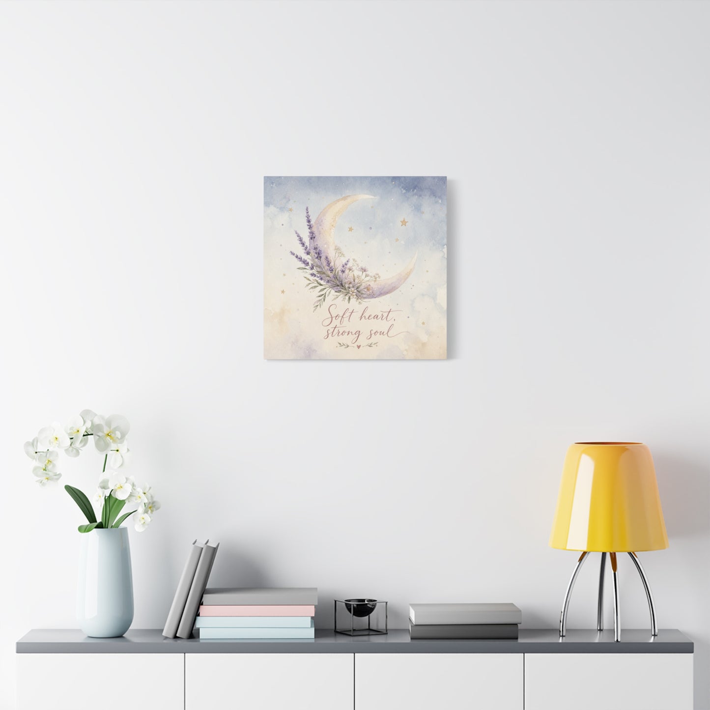 "Soft Heart, Strong Soul" Moon Canvas Wall Art - Lavender Floral Celestial Quote Print - Watercolor Nursery Bedroom Decor - Bohemian Home Decoration - Office Wall Art - Bedroom Home Decoration