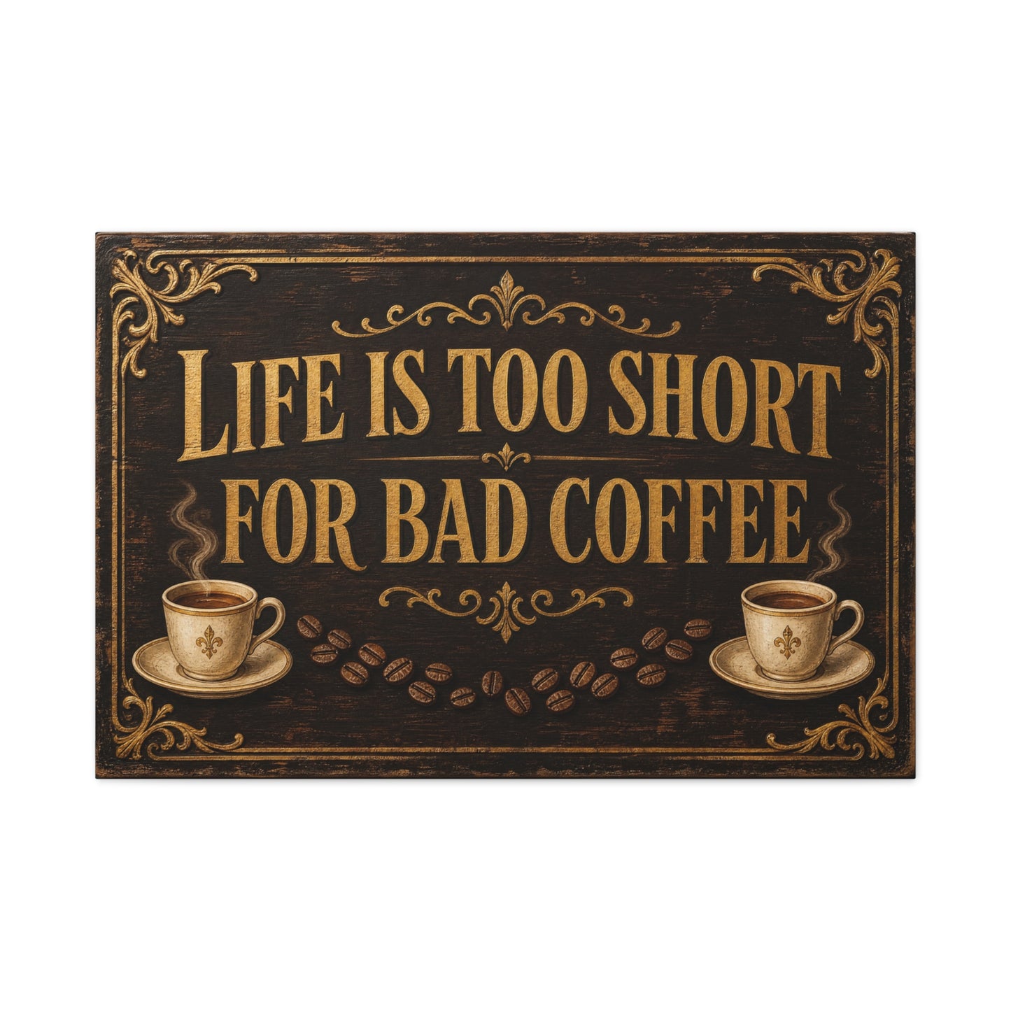 "Life Is Too Short For Bad Coffee" Canvas Wall Art - Vintage Coffee Quote Decor, Rustic Brown Typography Print, Farmhouse Cafe Wall Hanging - Ready to Hang - Bistro Decor - Espresso Bar Sign