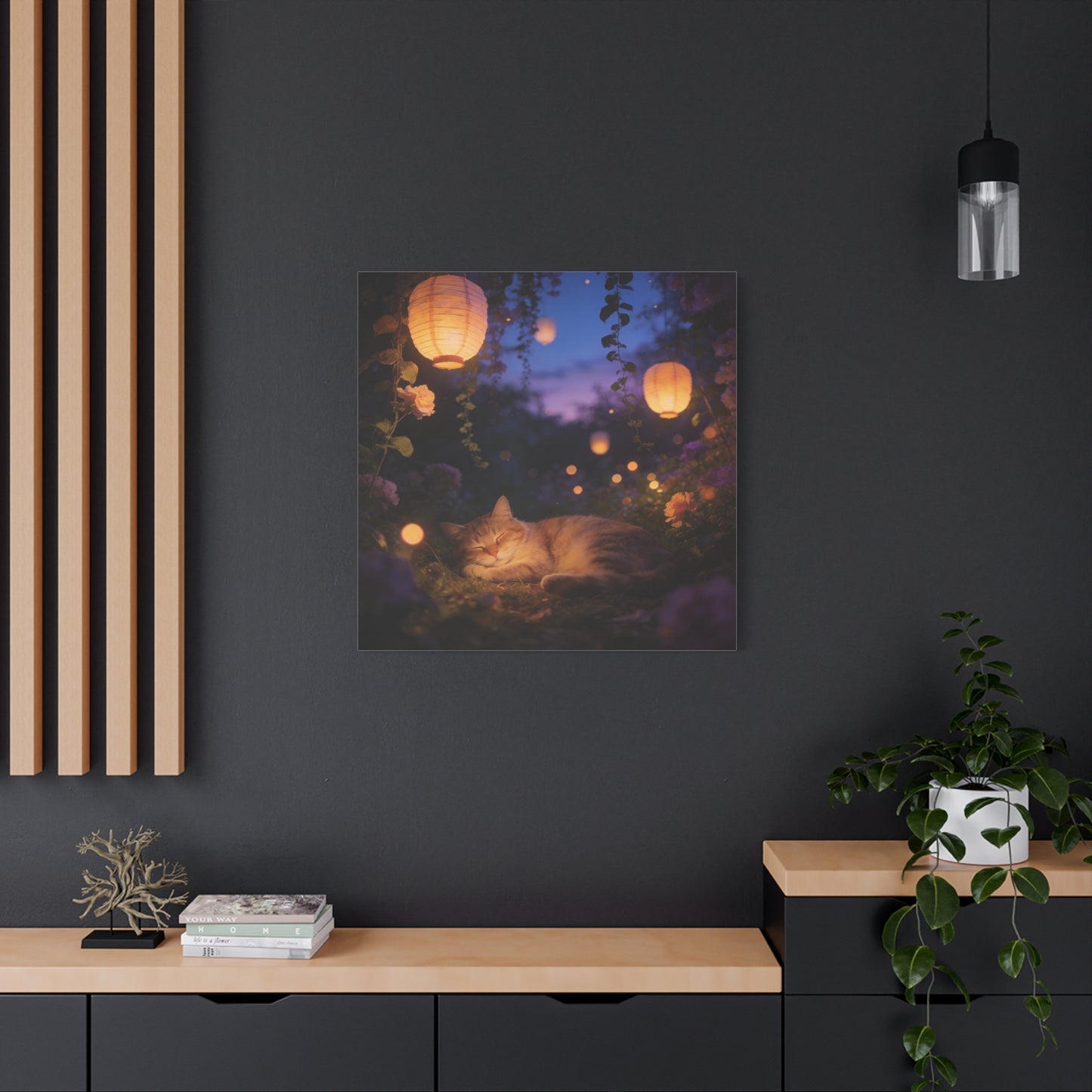 Sleeping Cat Canvas Wall Art - Lantern Lit Garden Night Scene, Dreamy Floral Canvas Print - Calming Cottagecore Style, Bedroom Wall Decor, Living Room Home Decoration - Bedroom Home Decoration