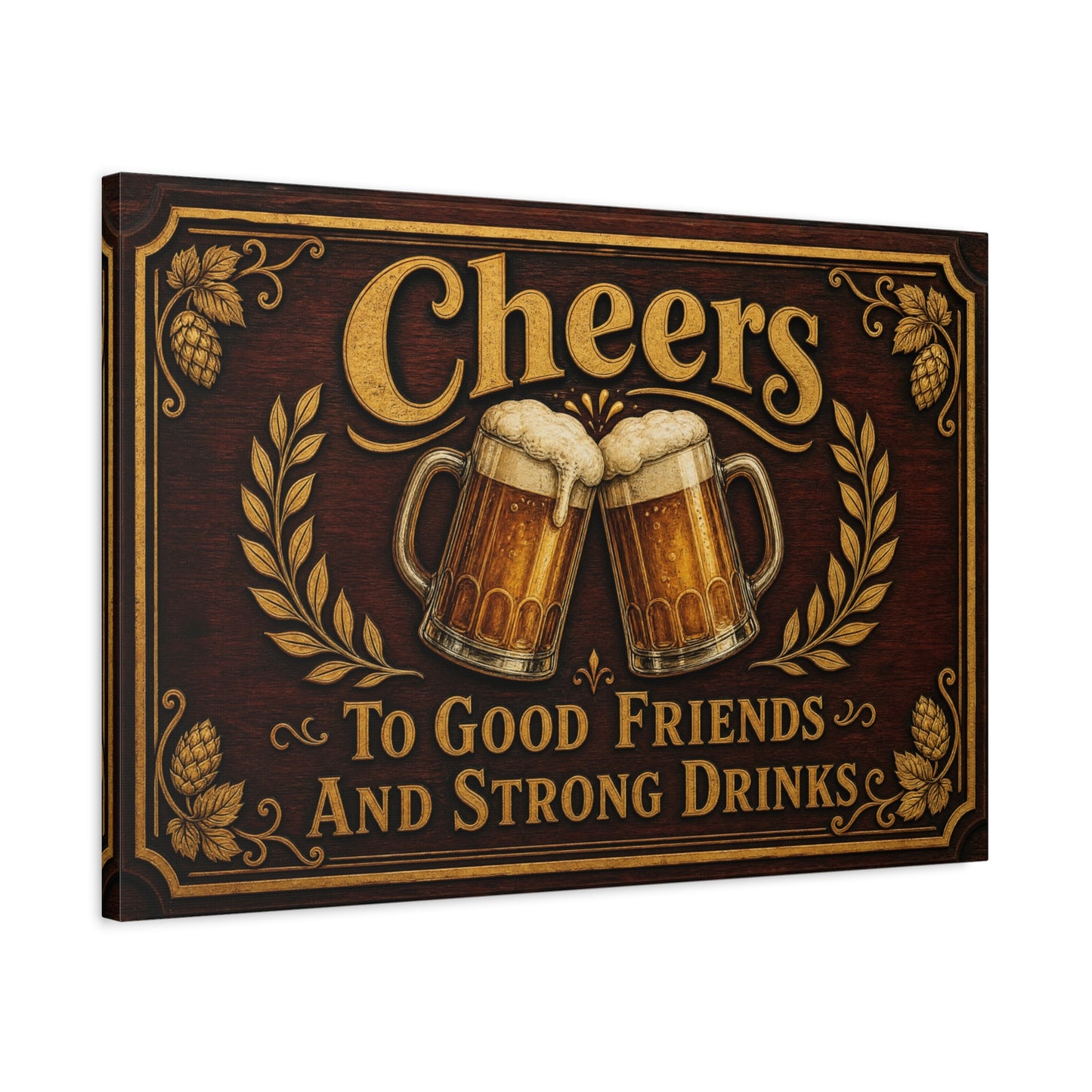 "Cheers To Good Friends And Strong Drinks" Canvas Wall Art - Vintage Beer Mug Pub Sign, Rustic Bar Decor, Brown Gold Typography Print, Man Cave Wall Hanging, Kitchen Dining Room Accent - Ready to Hang