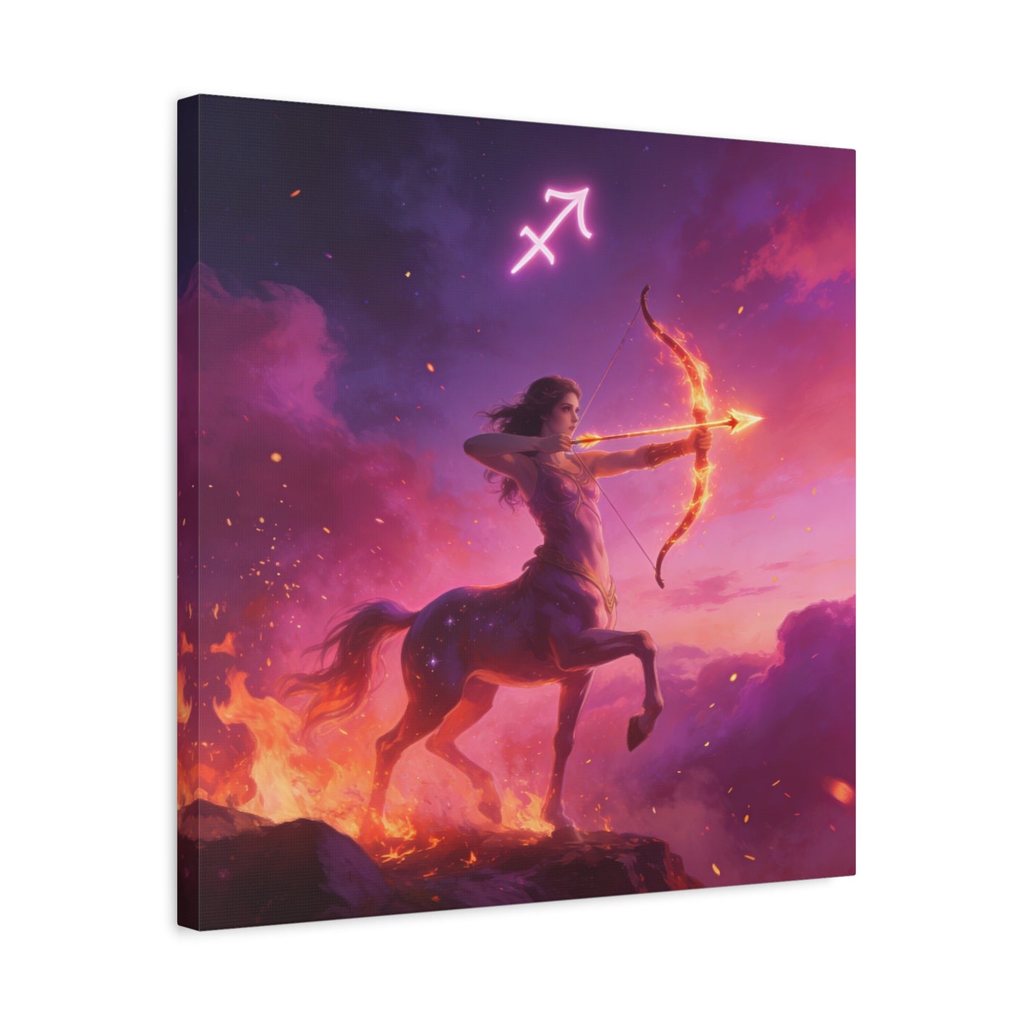 Sagittarius Centaur Archer Canvas Wall Art - Zodiac Fantasy Fire Bow Illustration - Purple Pink Matte Canvas Print - Bedroom Home Decoration, Living Room Wall Decor, Celestial Decor - Ready to Hang