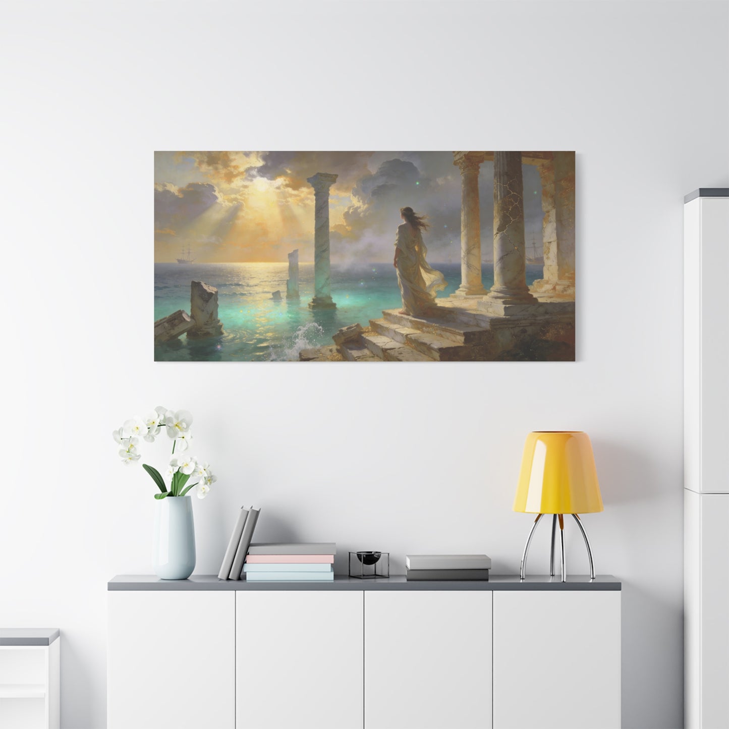 Seaside Ruins Canvas Wall Art - Woman In Flowing Gown, Sunbeams Over Ancient Columns - Luminous Coastal Painting - Living Room Wall Decor, Bedroom Home Decoration, Office Art - Bedroom Home Decoration