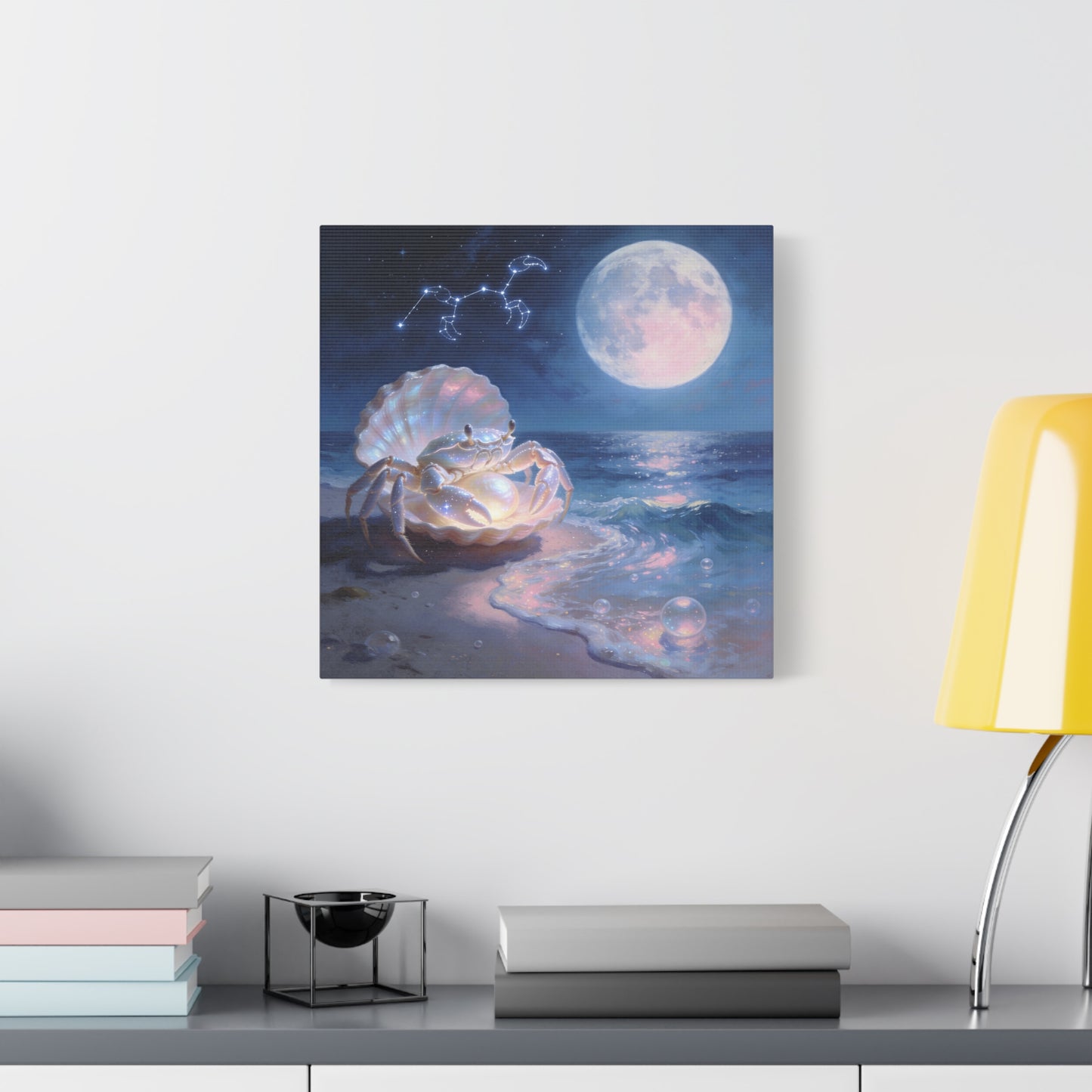 Moonlit Crab Canvas Wall Art - Zodiac Cancer Seascape, Pearl Shell Ocean Night Decor - Dreamy Coastal Illustration, capiz shells wall decor, Bedroom Home Decoration - Bedroom Home Decoration
