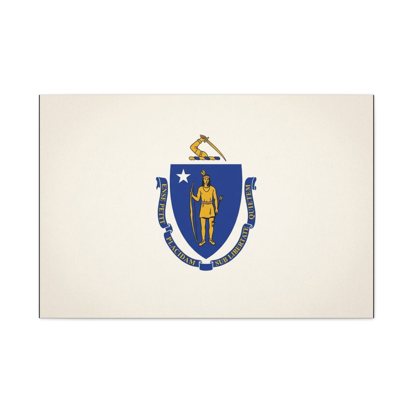 Massachusetts State Flag Canvas Wall Art - Ense Petit Placidam Sub Libertate Quietem - Blue Shield Native American Crest - Minimalist Patriotic Decor - Living Room Wall Decor - Bedroom Home Decoration