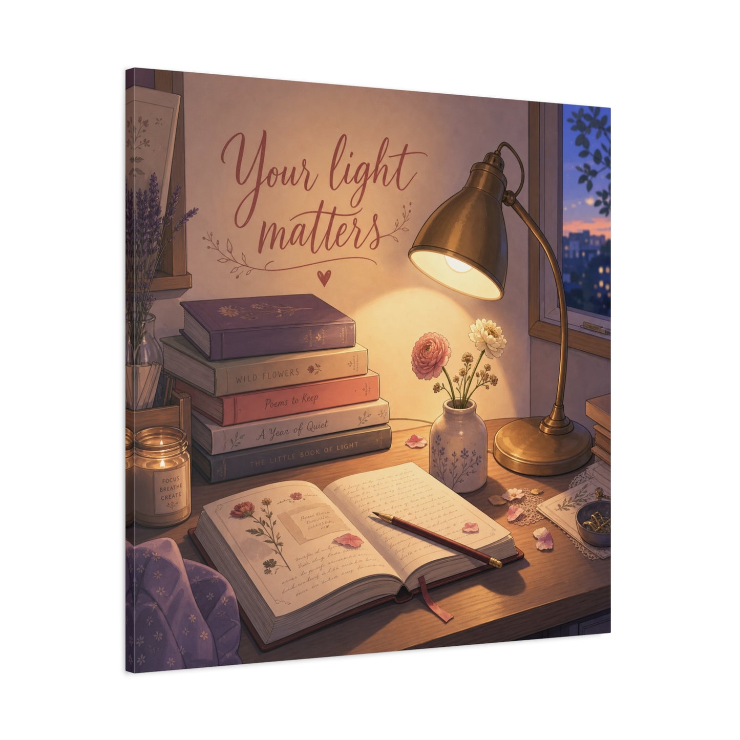 "Your Light Matters" Inspirational Canvas Wall Art - Cozy Desk Lamp Books Floral Print - Warm Vintage Bedroom Wall Decor - Reading Nook Home Decoration - Ready to Hang - Bedroom Home Decoration