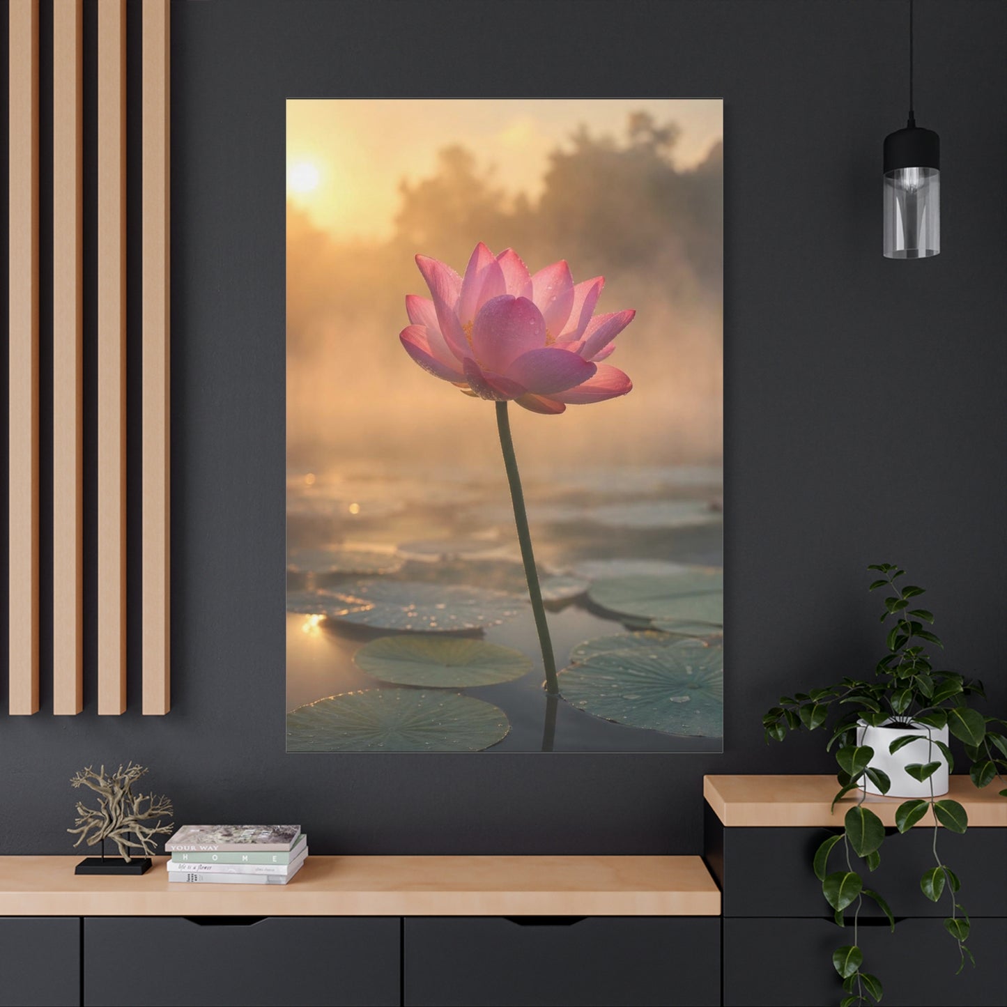 Pink Lotus Canvas Wall Art - Serene Water Lily Sunrise Floral Print - Soft Golden Light, Matte Canvas Print - Bedroom Wall Decor, Bathroom Home Decoration, Zen Meditation Space - Cozy Reading Nook Art