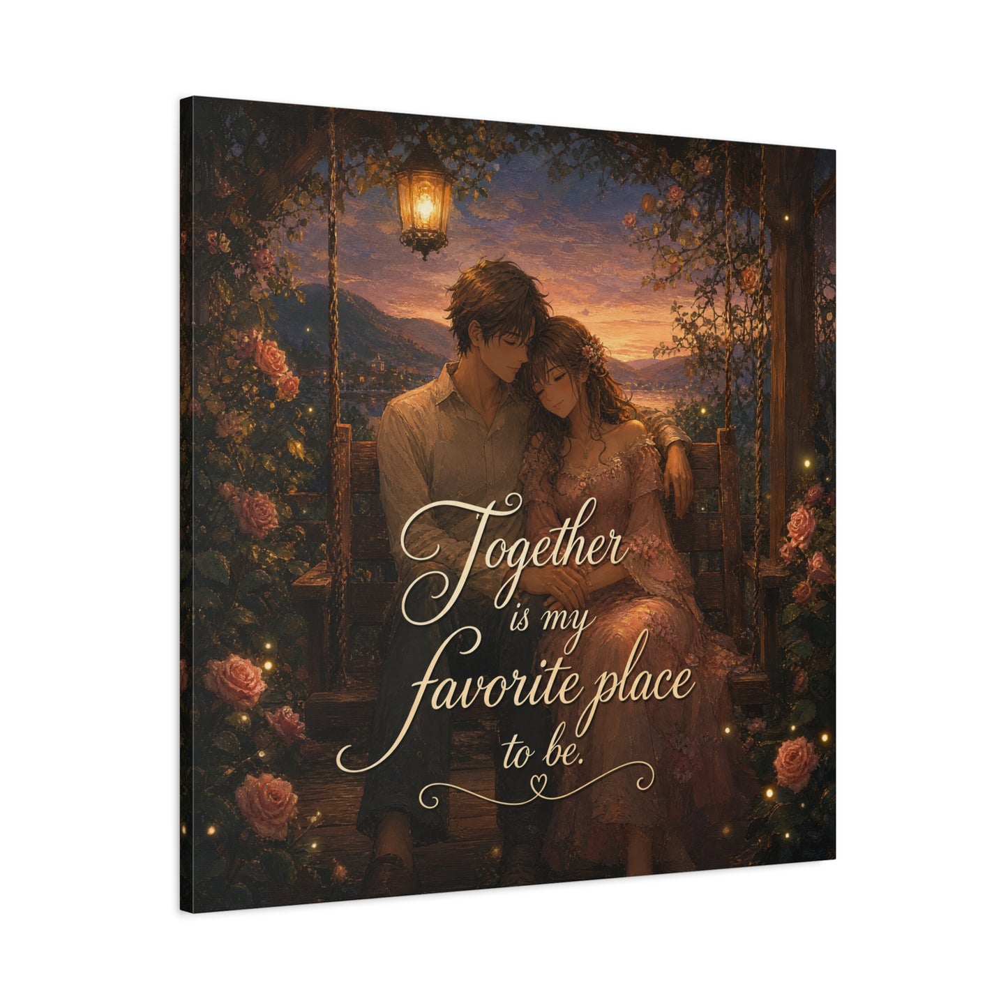 "Together Is My Favorite Place To Be" Romantic Couple Canvas Wall Art - Lantern Swing Sunset Lake Scene, Floral Garden Love Quote Print - Vintage Bedroom Decor - Office Wall Art - Ready to Hang