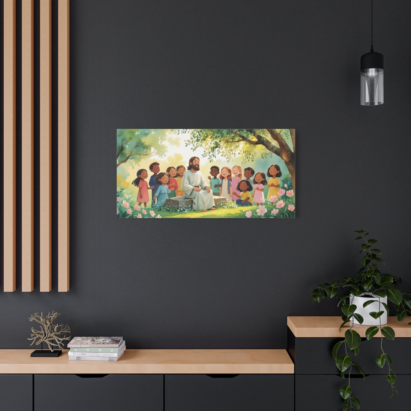 Jesus With Children Canvas Wall Art - Sunlit Garden Faith Illustration, Christian Nursery Decor, Matte Cotton Print, Traditional Style - Kids Room, Classroom, Living Room Wall Decor - Ready to Hang