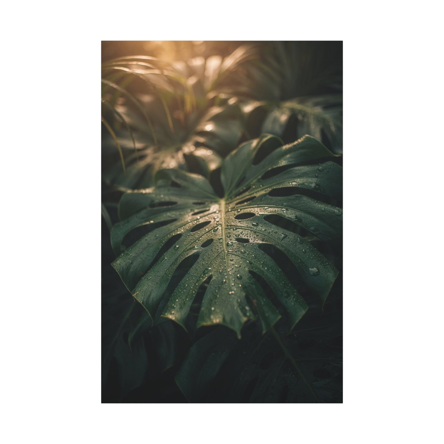 Monstera Leaf Canvas Wall Art - Tropical Botanical Art Print, Moody Green Foliage - Matte Cotton Canvas Print - Bedroom Wall Decor, Bathroom Home Decoration, Spa Style Accent - Cozy Reading Nook Art