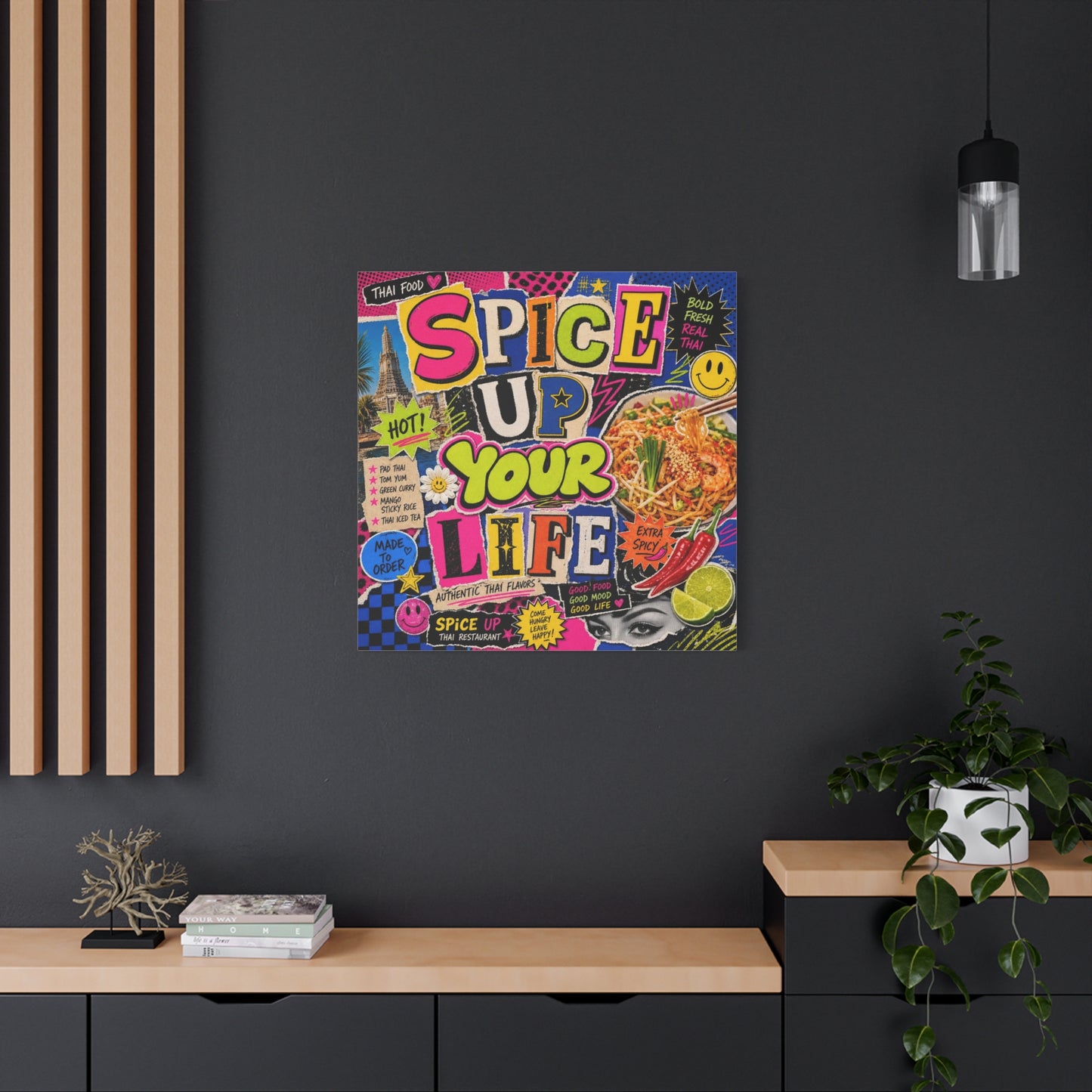"Spice Up Your Life" Canvas Wall Art - Thai Food Pop Art Collage, Typography Print, Neon Color Street Poster Style, Cafe Decor, Dining Room Accent, Kitchen Wall Hanging, Contemporary - Ready to Hang
