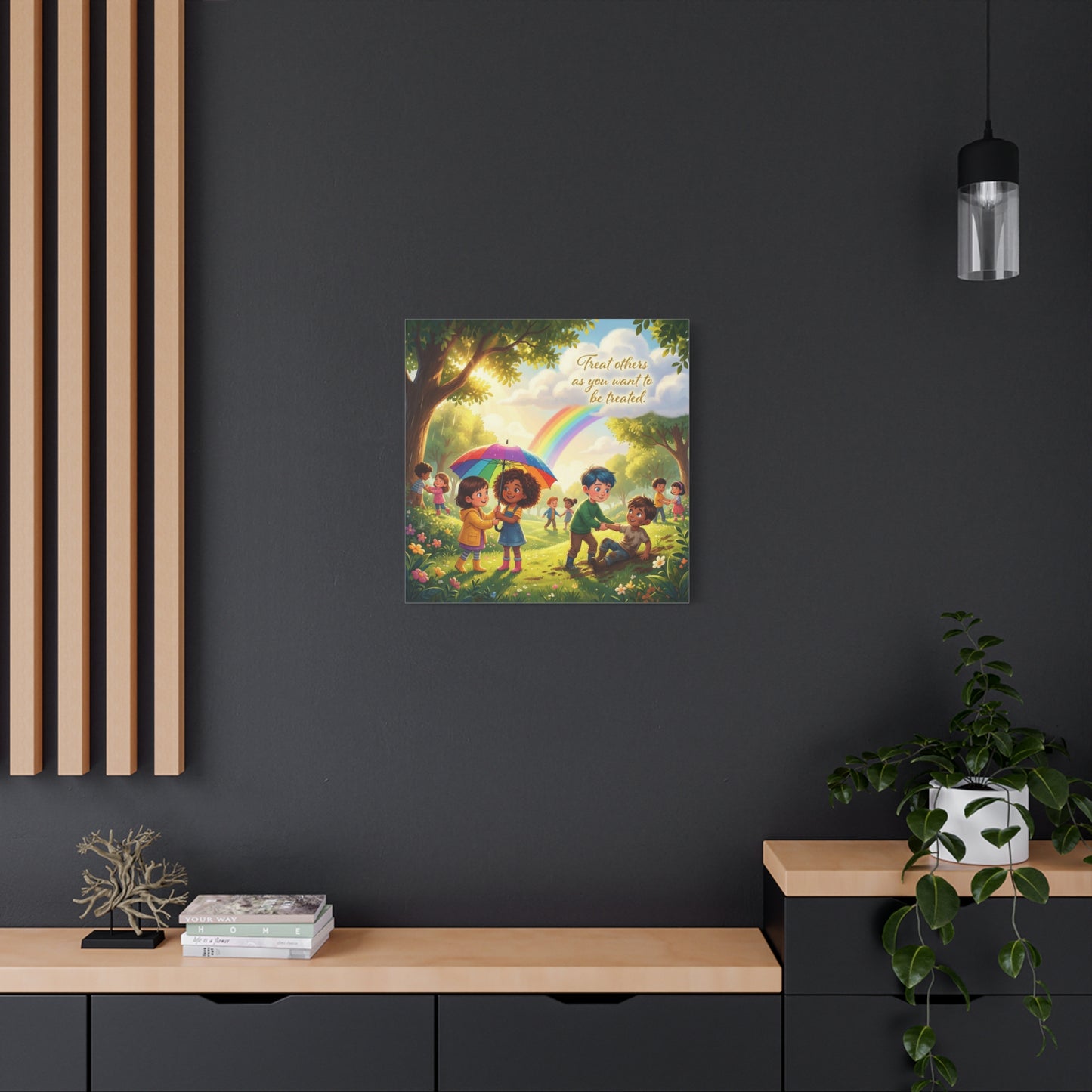 "Treat Others As You Want To Be Treated" Kids Canvas Wall Art - Rainbow Kindness Quote, Children Helping In Sunny Park - Matte Cotton Print - Playroom Classroom Decor, Nursery Wall Hanging