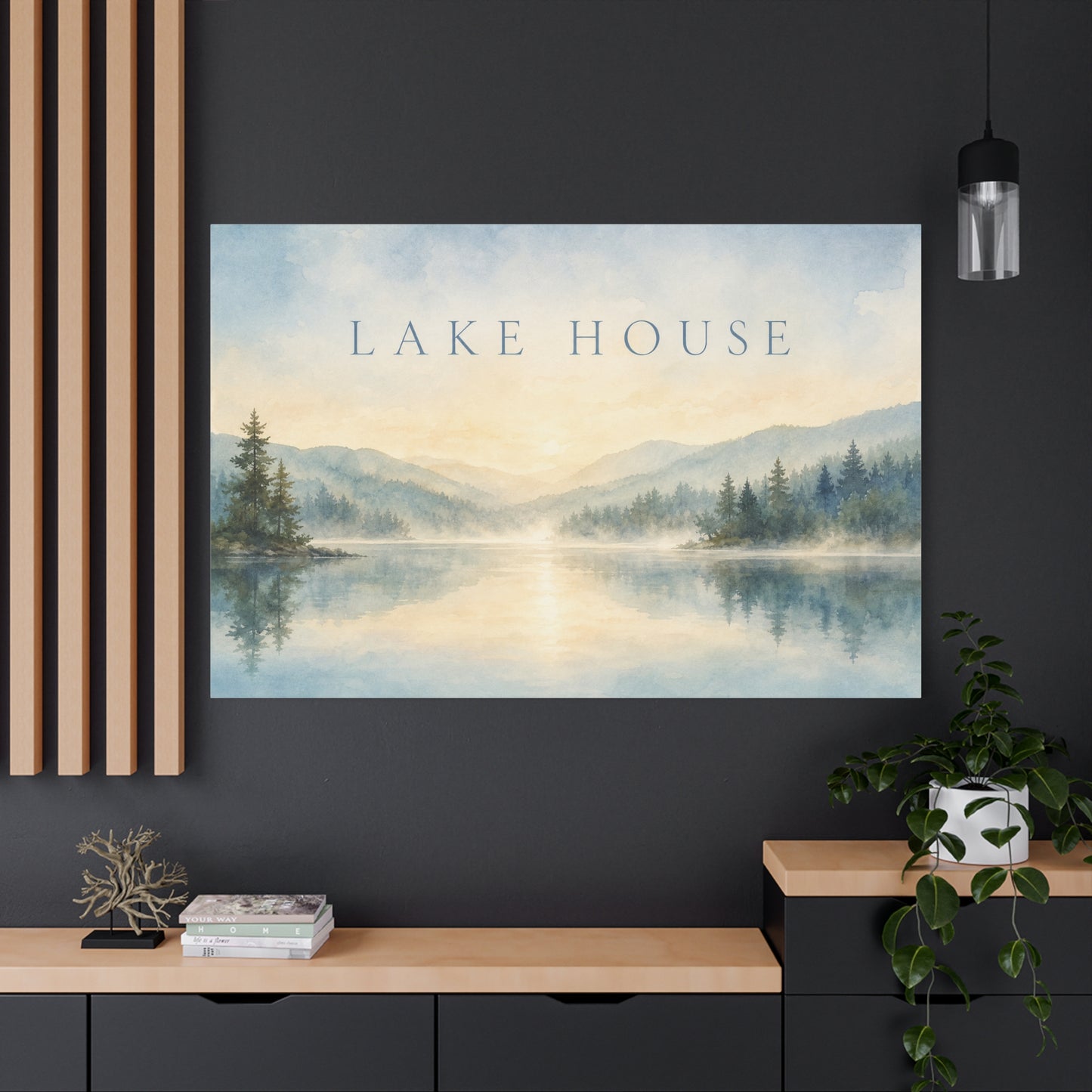 "Lake House" Canvas Wall Art - Misty Mountain Watercolor Landscape Print, Serene Cabin Decor, Rustic Retreat Wall Hanging, Bedroom Home Decoration, Entryway Accent, Vacation Rental Style