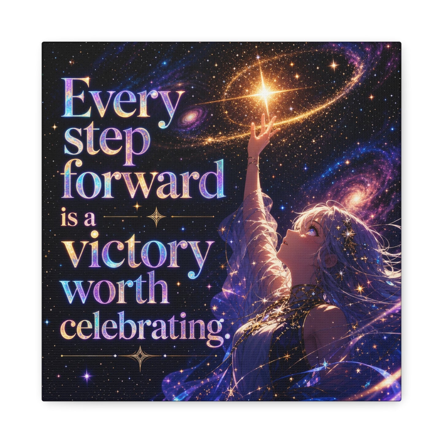 "Every Step Forward Is A Victory Worth Celebrating" Inspirational Canvas Wall Art - Cosmic Anime Girl Galaxy Quote Print - Celestial Purple Blue Decor - Bedroom Home Decoration - Office Wall Art
