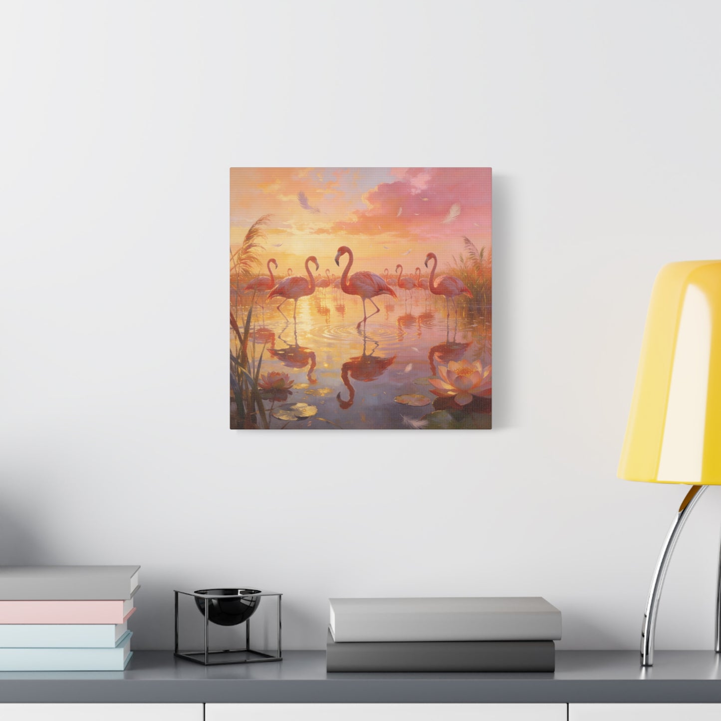 Pink Flamingo Canvas Wall Art - Sunset Wetland Birds, Lotus Pond Reflections - Dreamy Tropical Illustration, Matte Canvas Print - Living Room Wall Decor, Bedroom Home Decoration - Ready to Hang
