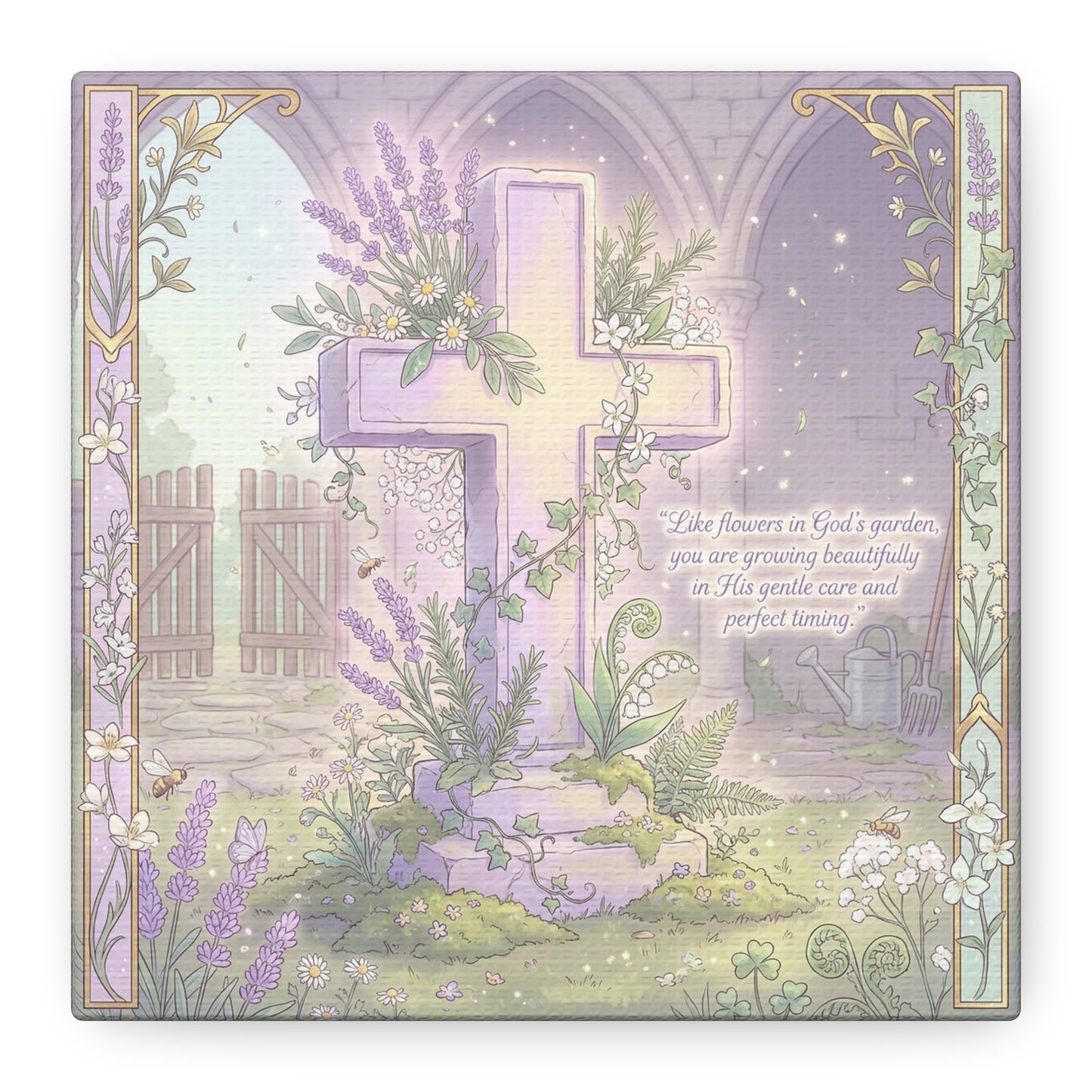 "Like Flowers In God's Garden, You Are Growing Beautifully" Christian Canvas Wall Art - Floral Cross Scripture Decor - Lavender Garden Illustration - Bedroom Home Decoration, Living Room Accent