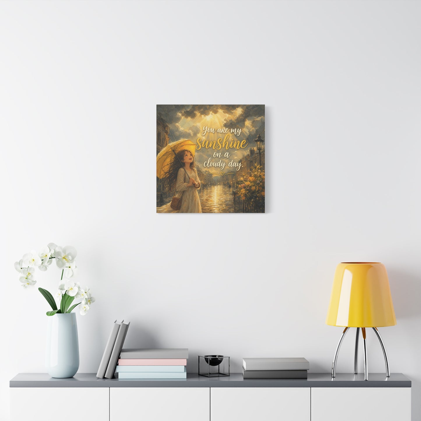 "You Are My Sunshine On A Cloudy Day" Canvas Wall Art - Girl With Yellow Umbrella Quote Print - Golden Rainy Street Painting, Inspirational Decor - Bedroom Home Decoration - Living Room Wall Decor