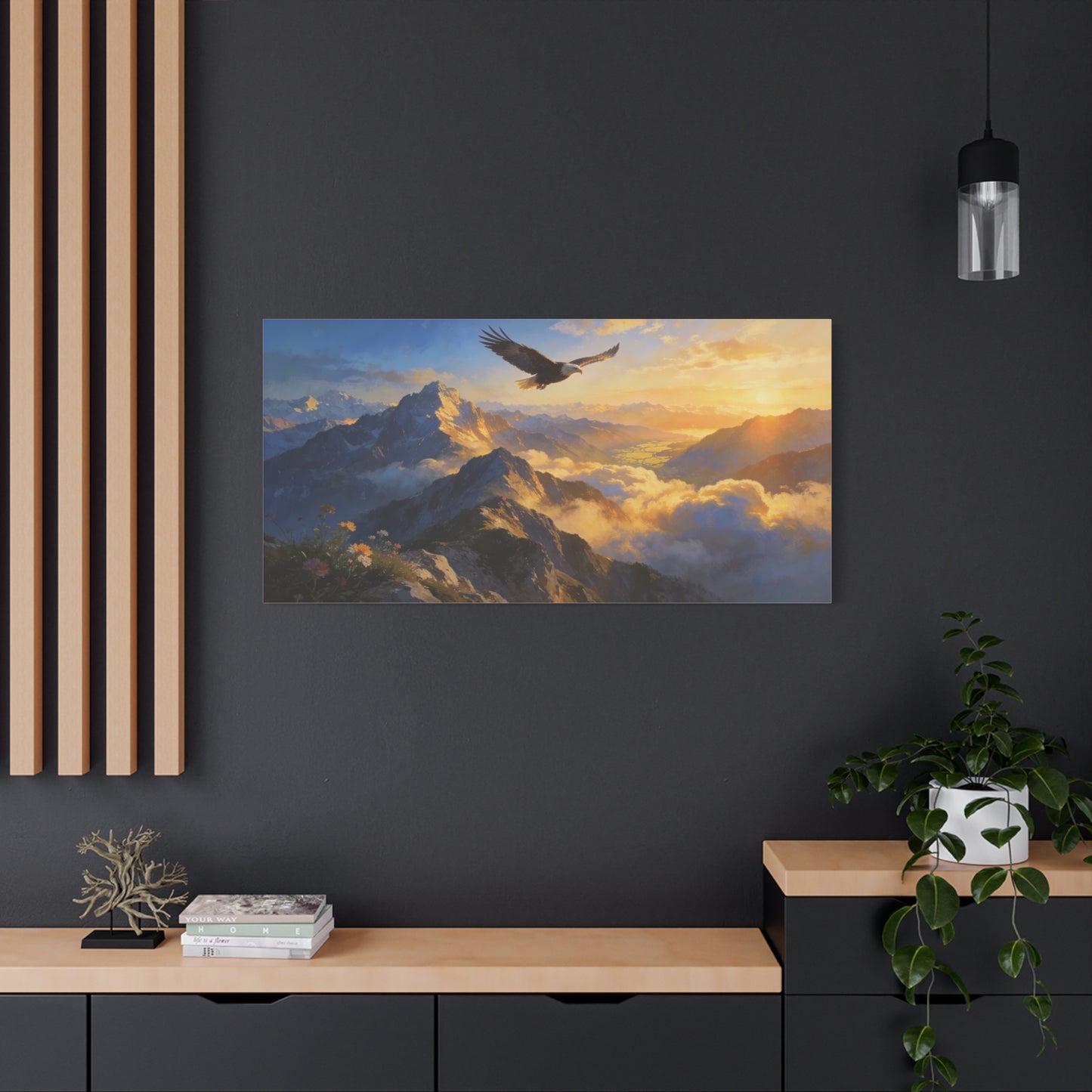 Bald Eagle Canvas Wall Art Mountain Sunrise Landscape - Golden Sky Alpine Peaks, Dramatic Wildlife Vista - Matte Finish Canvas Print - Living Room Wall Decor, Office Art Accent - Ready to Hang