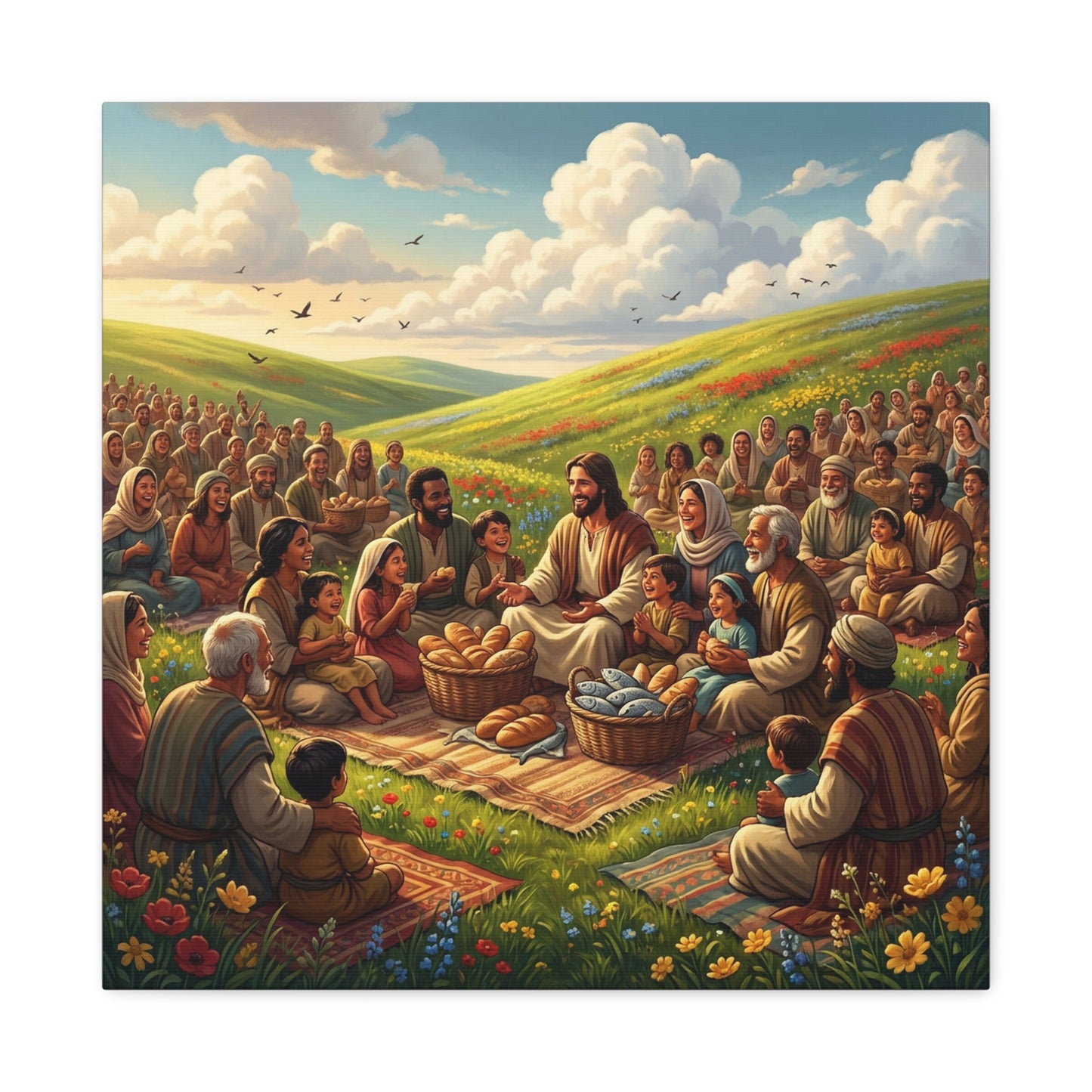 Jesus Feeding The Multitude Canvas Wall Art - Bread And Fish Biblical Scene - Meadow Landscape Christian Home Decor - Matte Cotton Print For Living Room, Bedroom, Office, Meditation Space